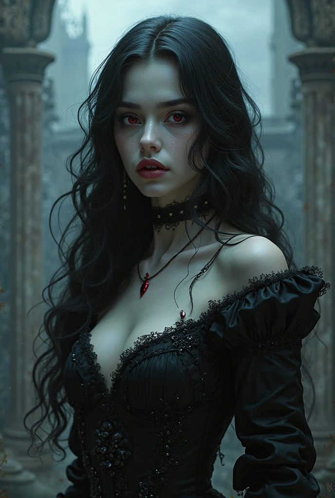 Arafed, dark fantasy art, goth art, a beautiful female vampire wearing a white evening dress stained with blood, an extremely beautiful female vampire, ultra detailed face, black hair, long hair, wavy hair, dark glamour make up, pale skin, red lips, glowing red eyes, visible vampiric fangs, she wears a ((white evening dress: 1.5)), elegant, intricate detailed dress, silk dress, small cleavage, ((dress is decorated with gems: 1.4)), she wears elegant knee high heeled boots, exquisite knee high heeled boots, there are stains of blood on the upper part of the dress, Bloodborne