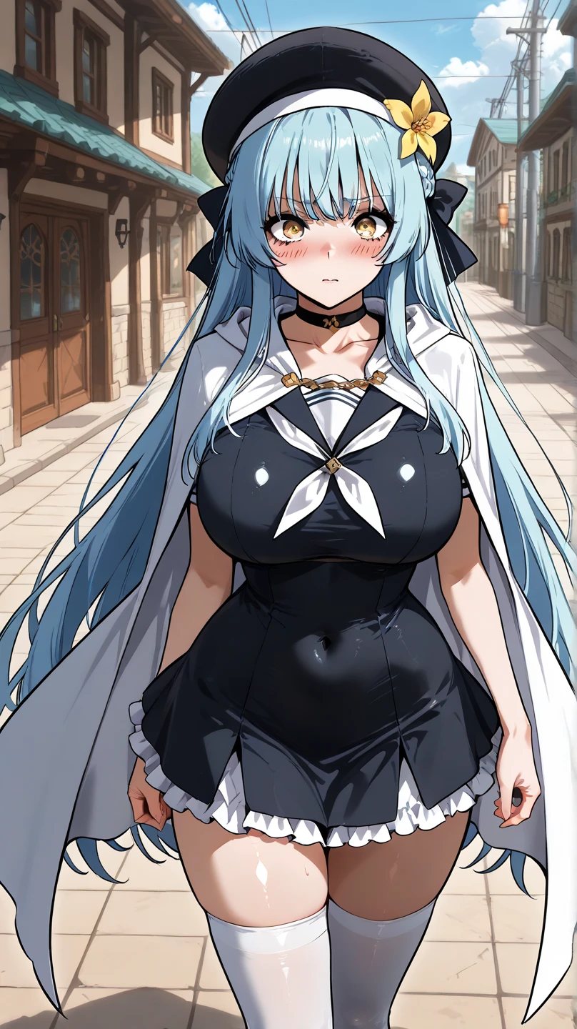 masterpiece, mansion, 1girl, large breasts, standing, cowboy shot, looking at viewer, <lora:FEFatesMaid_v1:1> fates maid, black thighhighs, black skirt, maid headdress, <lora:LumeraFE:0.65> lumeraFE