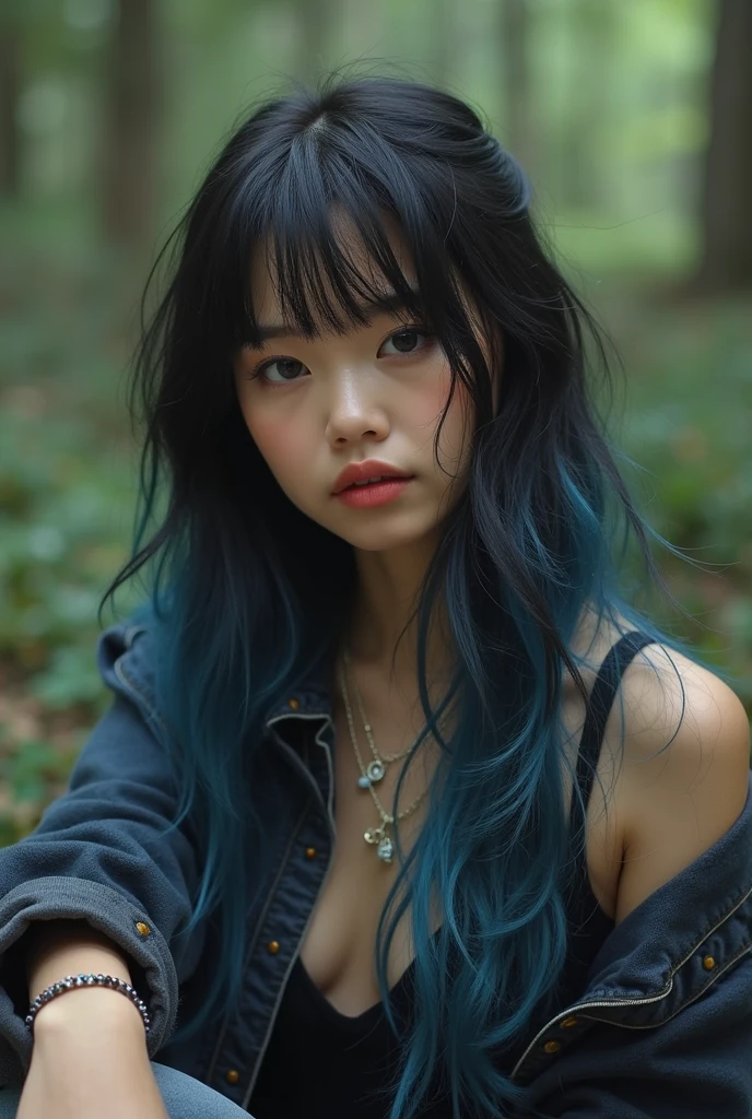 hay una mujer con el pelo largo y negro parada frente a una valla de madera, Southeast Asian with round face, retrato suave 8 k, chica con pelo negro, una young asian, young asian, chica con cabello azul, pretty chica con cabello azul, con pelo largo y ojos penetrantes, detailed face of an asian girl, nivanh chanthara