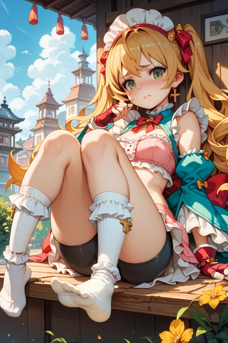 1girl, solo,
((8k, RAW photo, highest quality, masterpiece), High detail RAW color photo professional close-up photo, (realistic, photo realism:1. 37), (highest quality), (best shadow), (best illustration), blush, breath, smile, solo, thighs, ((masterpiece)), sideface, very detailed face, Masterpiece, best quality, yukka uniform, Yukka Ende, (blush, embarrassed), red dirndle, red silk hat, woody bedroom, window, blue sky, daylight, red small hair bows, blue eyes, 1girl, solo, red skirt, realistic white panties, crotch seam, Cameltoe, open mouth, sitting on bed, loli, knees up, hugging legs, ;)