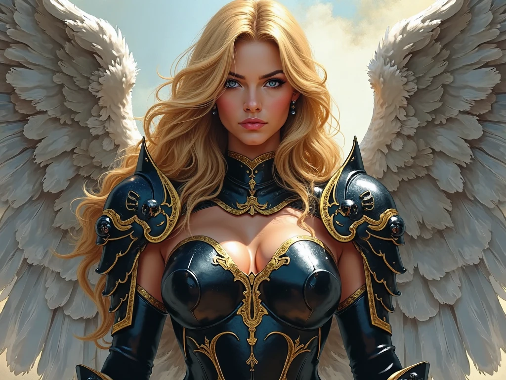 angelic woman, blue color, bluish armor, standing sexy with glasses, tomboy short hair, and white wings, movement pose, fully body, hands on breasts