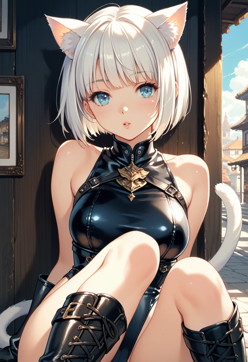 1 girl, big, succubus, black feathers, troubled look, white bob, pale skin, heart-shaped light blue eyes, fangs, white cat ears, in a cage, chain --auto --s2