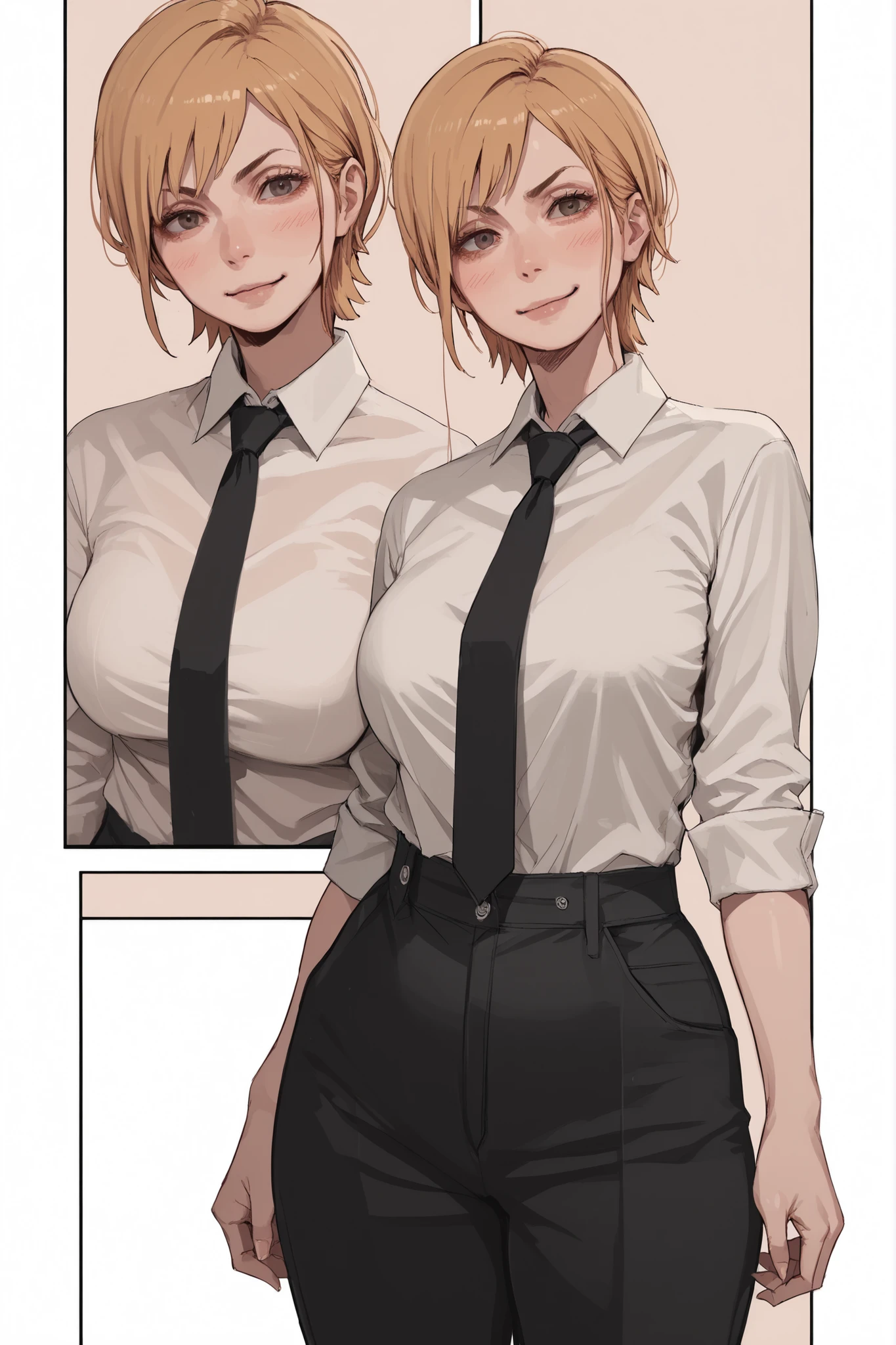1 girl, blond hair, spiked short hair, blush lines, pale skin, smirk, voluptuous, big breasts, white shirt, black tie, black pants, suspender, simple background, hentai comic, frames, multiple views, multiple frames