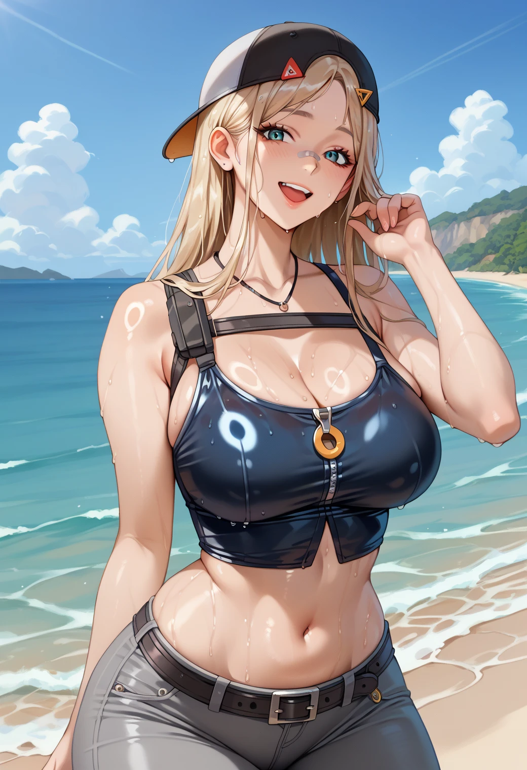 Thick, Chubby, large breasts, tanned, smiling,