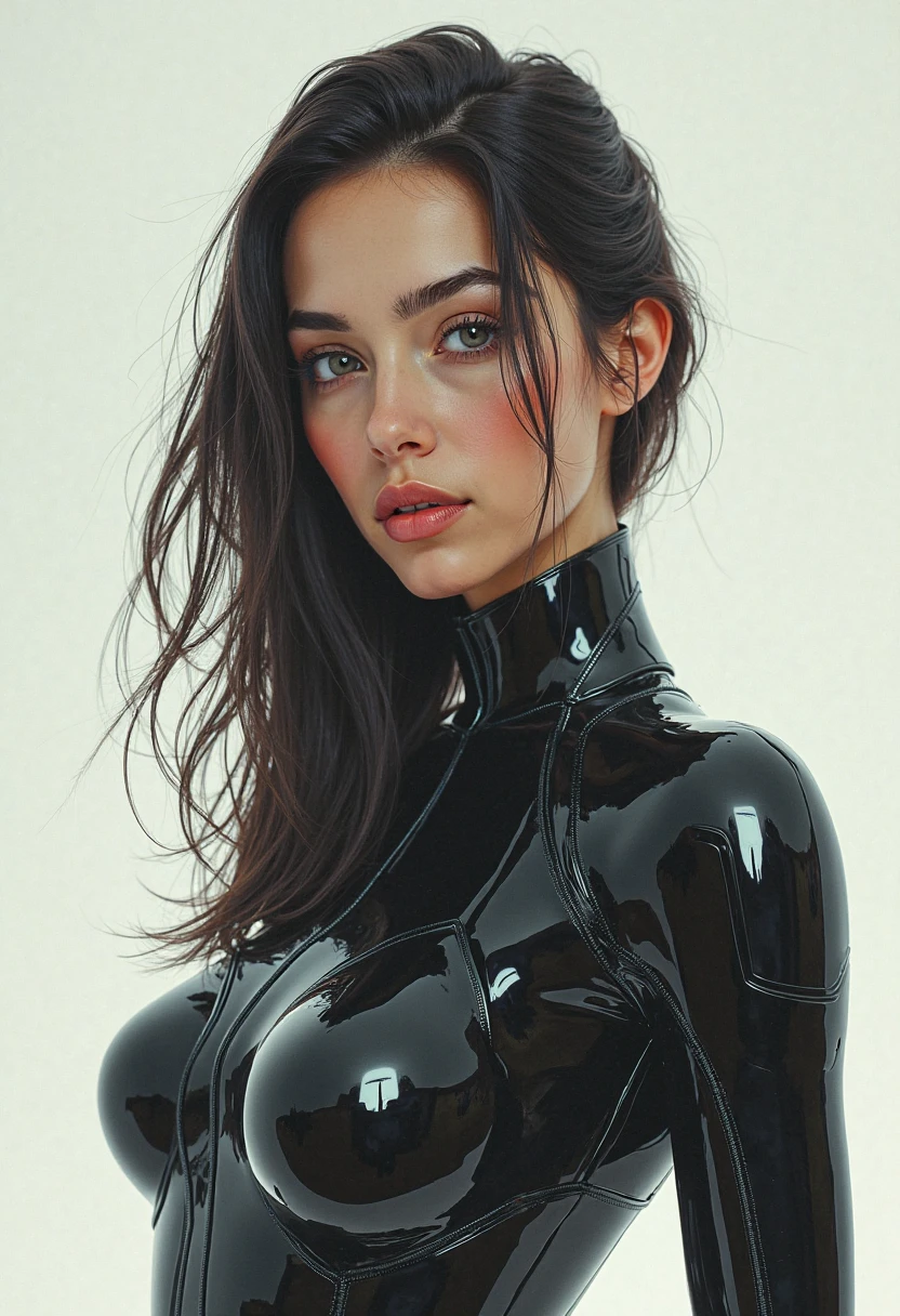 A sultry 2 woman fills the frame, her gaze direct into the lens as she smizes, revealing full lips curved into a mischievous grin. Piercing blue eyes seem to gleam with mischief, head tilted forward showcasing luscious locks and chiseled features. Her statuesque figure, boasting tantalizing measurements, bluesky, its stars twinkling like diamonds against the inky blackness. latex shiny eerotic