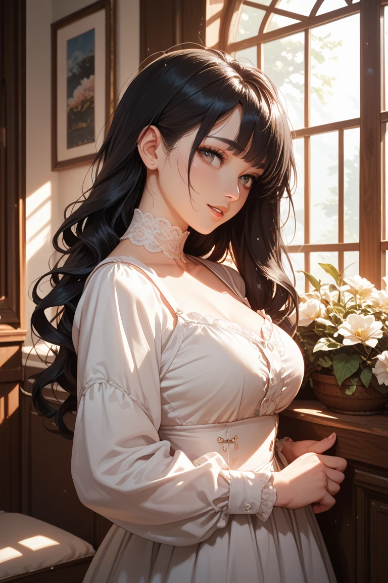 (masterpiece, best quality, detailed illustration, high resolution), ((1girl, solo)), ((huge breasts, large breasts, slim waist, long legs, fit body, toned body)), ((full body, closeup view)), ((standing)), ((looking at the viewer, facing the viewer)), office setting, ((tanned skin)), oiled skin, ((large breasts, mature woman, mature female, mature lady)), (detailed eyes, good eyes, better eyes), ((standing)), (black hair), ((casual clothes)), (black eyes), (long hair, straight hair)