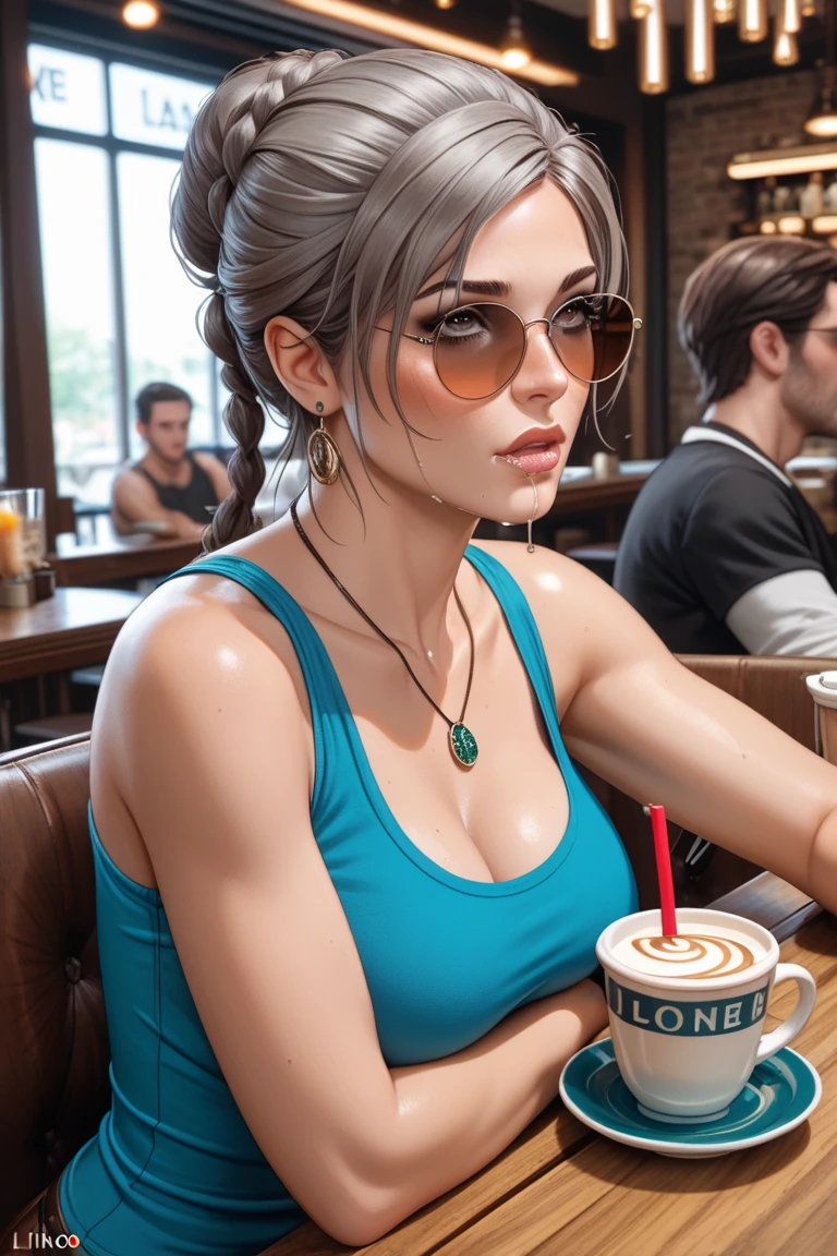 Woman in swimsuit drinking coffee in café