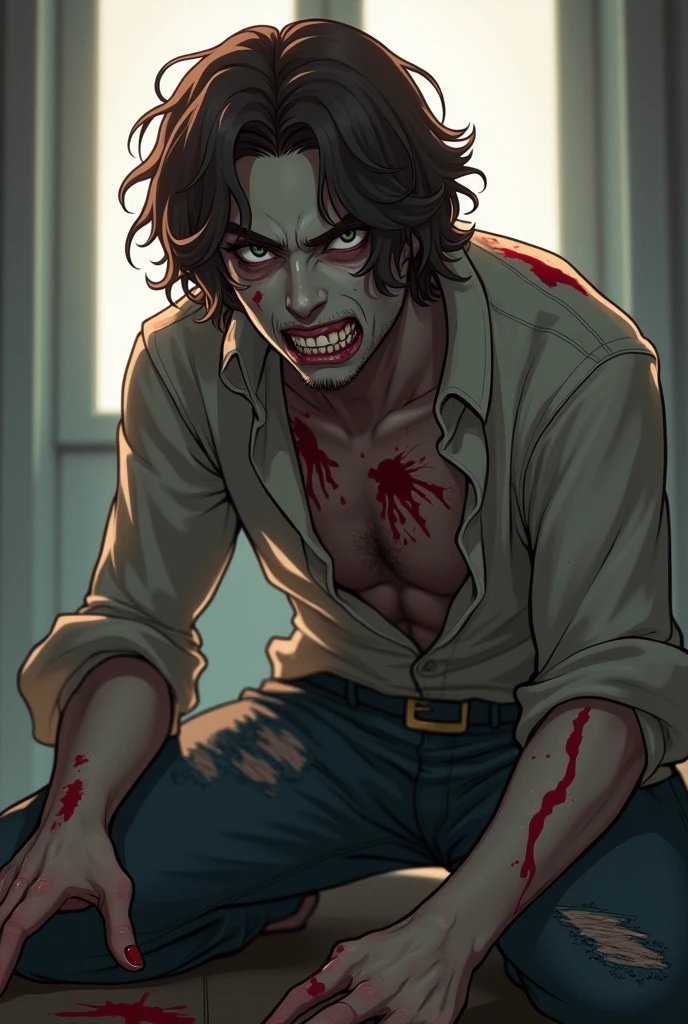 create a realistic scene where a zombie with sinister eyes and exposed wounds on its body is trying to attack a person, the person attacked is holding a flashlight and wearing a backpack, the zombie is trying to bite the victim&#39;s neck but the victim is resisting.