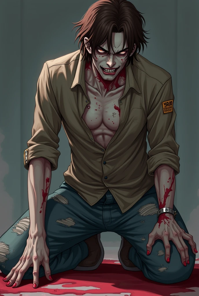 1boy, handsome, black hair, smoking cigarette, sitting in room, bandaged wrists, bandaged face. scars around lower mouth, scars, bloody, serial killer, bloody, knife, blood everywhere.