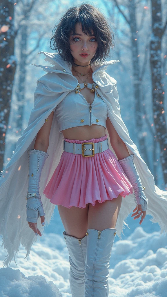 (full body:1.5)，(looking at viewer:1.4)， (Wearing Gilded stockings, high heels, and Flight Attendant Set:1.2), (Dance on top of snowy mountains:1.2),(In pink|amarelo|blue colors|green color|red colour|white colors|black in color|purpleish color|greys|Beige|Flesh color 1.4)，(Accurate and perfect face:1.4),A shallow laugh,,hyper HD, Ray traching, reflective light，structurally correct, Award-Awarded, high detal, lightand shade contrast, Face lighting，cinmatic lighting, tmasterpiece, super detailing, high high quality, high detal, best qualityer, 16k，high contrast,