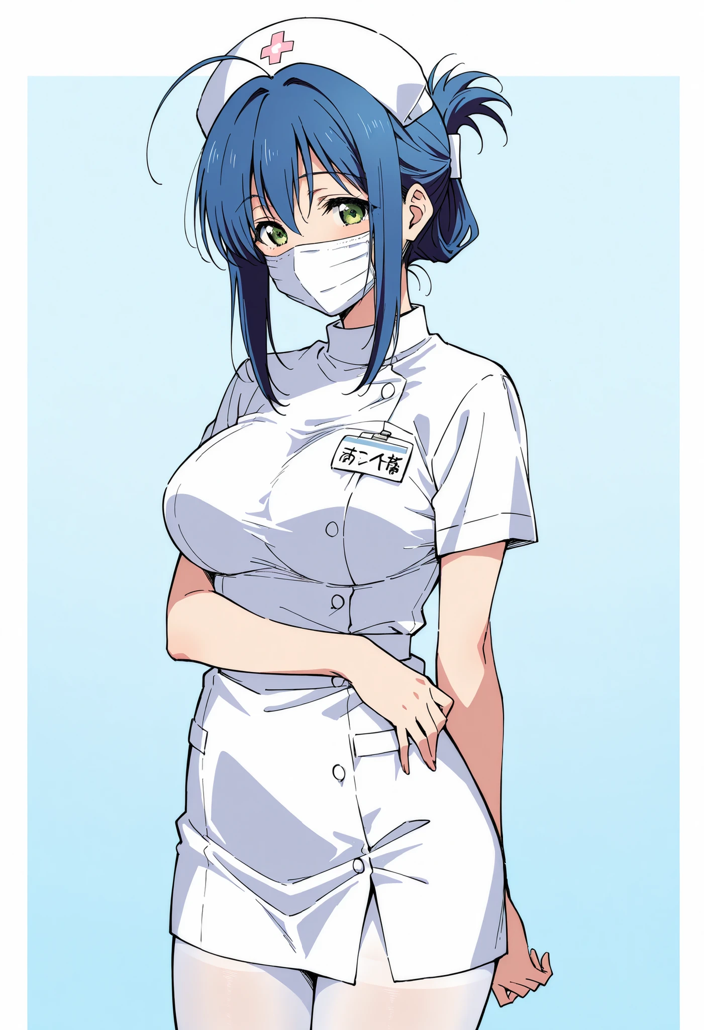 Nurse in blue dress,short blue hair,wearing a glove, holding the breasts, niplles,serious look
