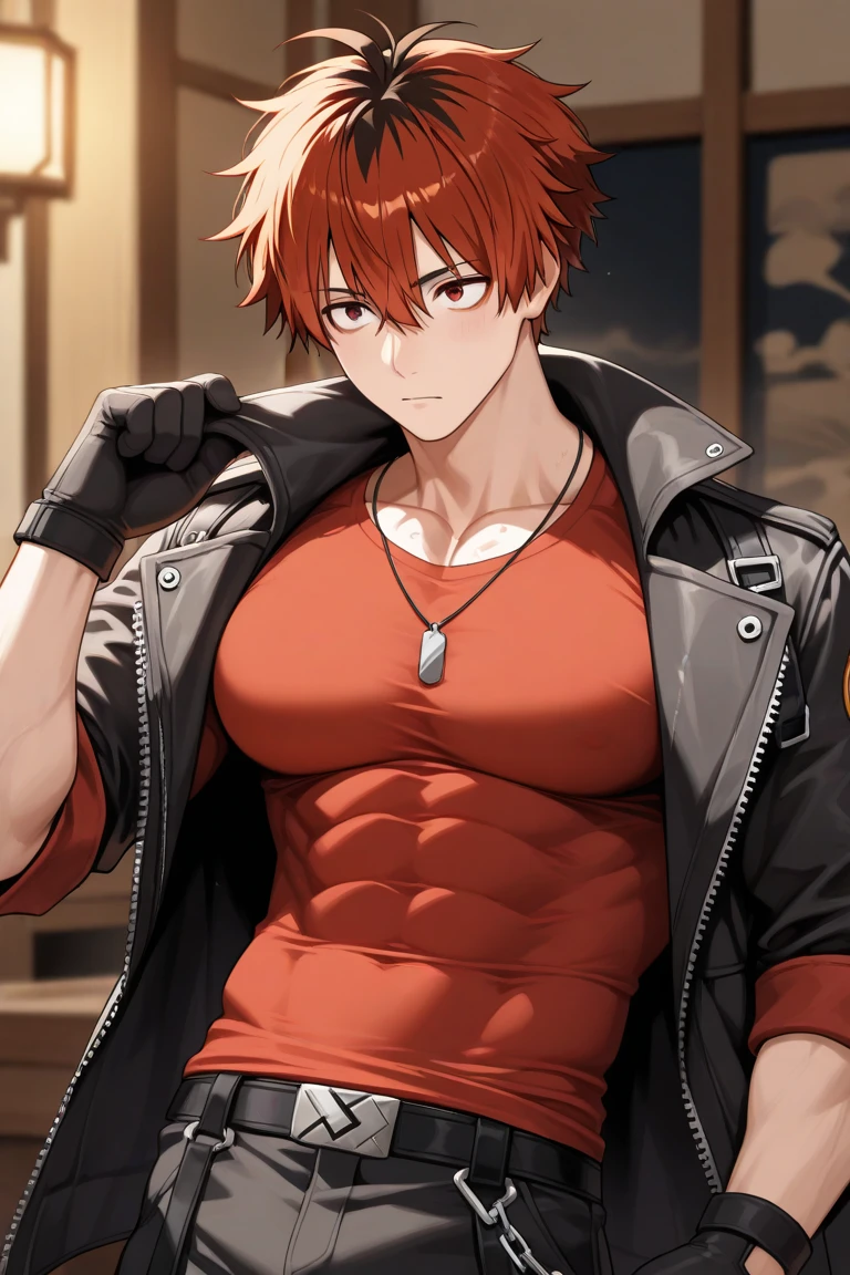 male orc, tall, hefty, Red full back short hair and black pick dye, Red eyes, Scars on the face, No-sleeves tank top, Jacket, sport shoes, Villain, anime figure