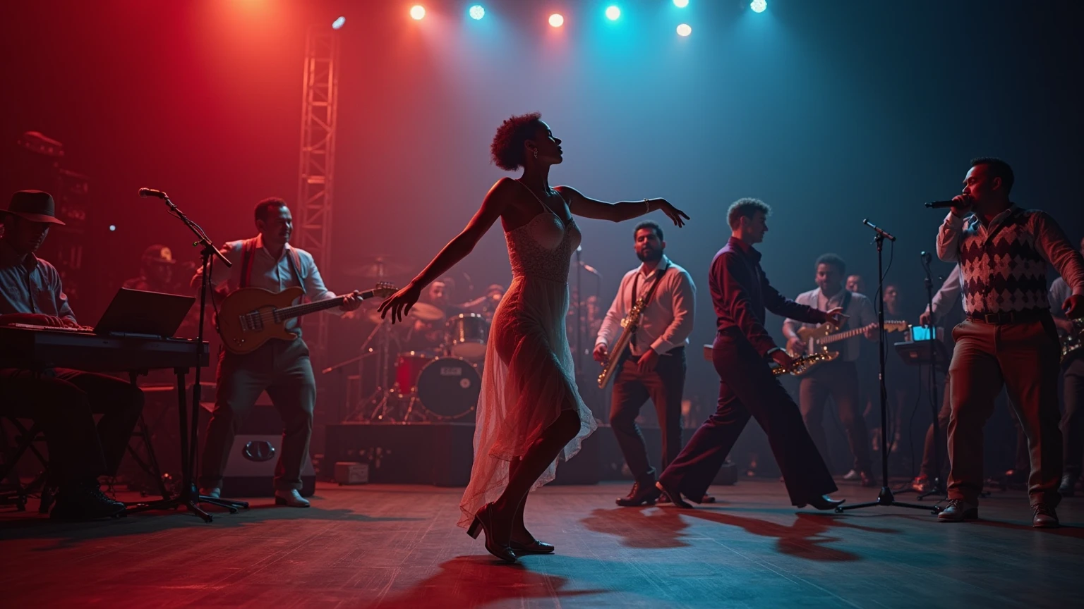 Create a picture of the genre of jazz and do- woop on stage with crowd