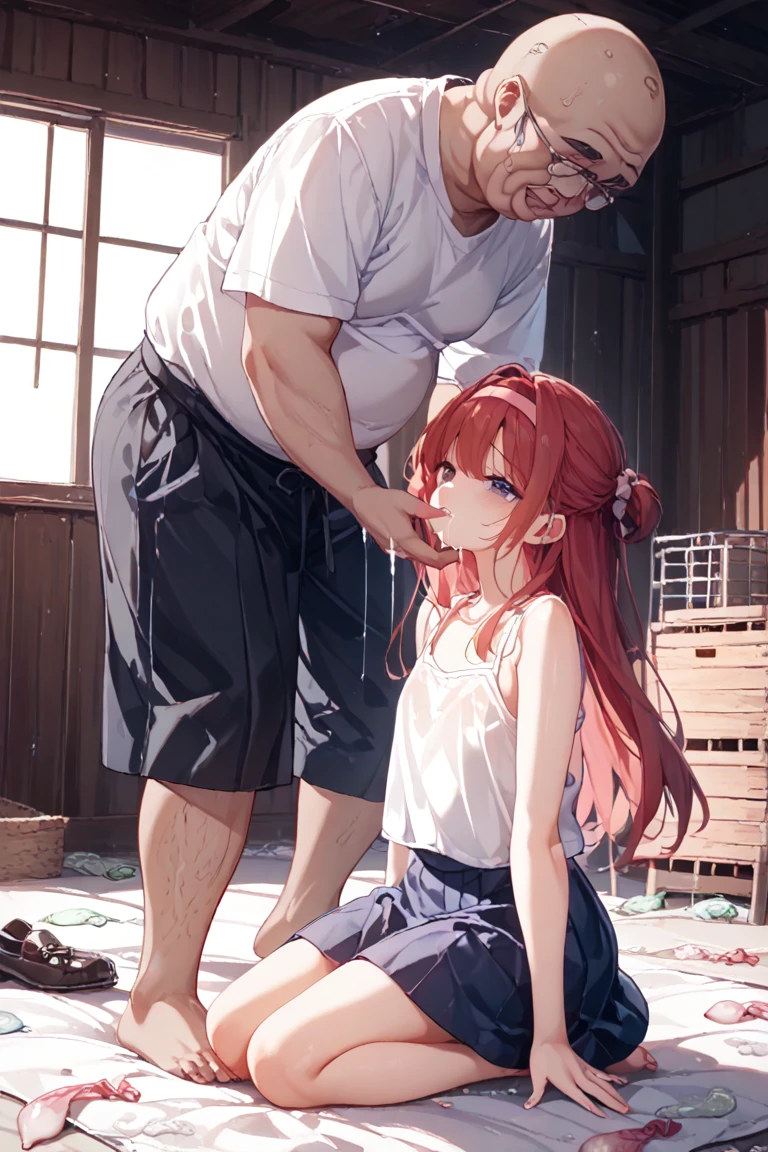 Best Quality, masutepiece, hight resolution, 1girl in, ((fullnude:1.3))、sucking,Kneeling、Doggie style、licking penis,White liquid drips、 Beautiful face,(Open your mouth wide、put out the tongue、red blush、Expression of distress),pony tail hair, colorful bright hair color、earrings, Beautiful face,Tindall Effect,Photorealistic, Dark Studio, (High detailed skin:1.2), (1 fat naked man、grab a girl's hair、Ejaculate from the penis)