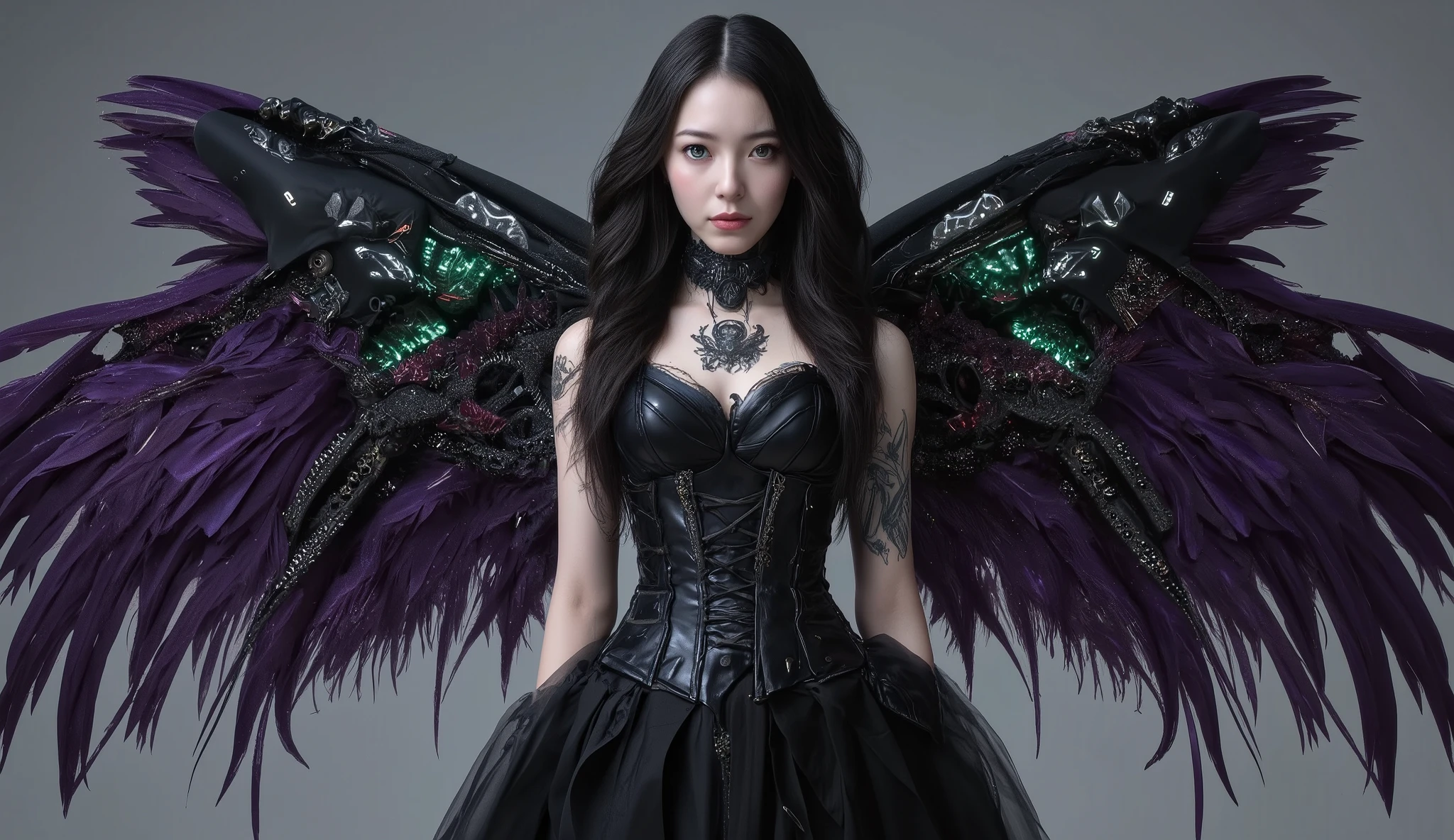 full body image of a 19-year-old young Latino woman. athletic but slim physique . Fair skin. Her eyes are light green and、shading. long wavy black hair
She is wearing a black gothic dress with dark purple and dark red details, the sleeves are wide , with lace-up leather corset, knee-length black skirt with pleats adorned with dark purple feathers, Dark Green、bluish black falling off her skirt.
moth tattoo design with a skull tattoo right around her neck