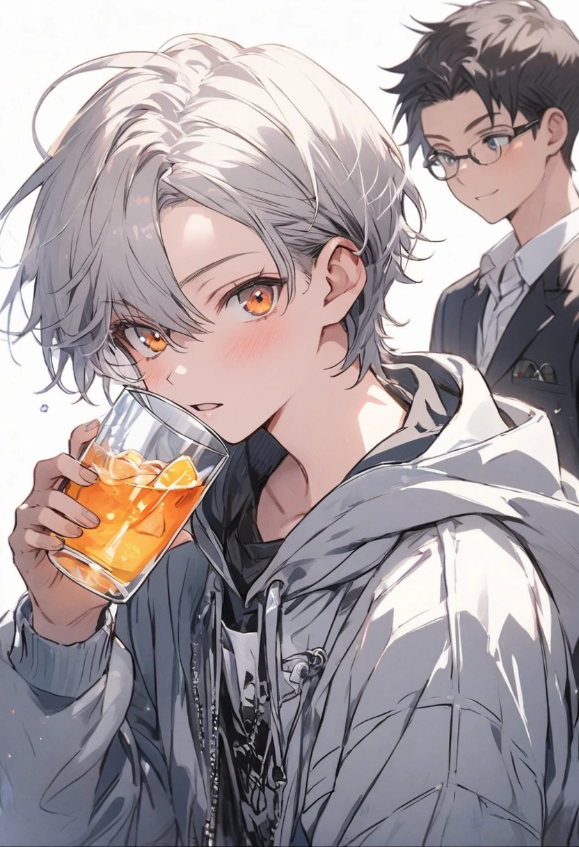 anime styling, young pale white-haired man, fleshy lips, gray eyes, Neck tatoo, piercings na boca, wearing a loose jacket, image up to the chest, sitting at a bar table drinking a glass of beer, background scenery a bar with lots of colorful lights