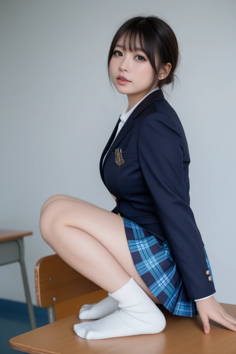masterpiece, best quality, illustration, Super detailed, fine details, High resolution, 8K,wall paper, perfect dynamic composition,(Details High quality, realistic depiction of eyes:1.3), from side, High School Classroom、High school girl uniform、blazer 、Super Short Check Uniform Skirt、Navy blue high socks、garterbelts、Colossal 、Disturbed uniform, short hair, (wavy hair:1.2), short bob hair, black hair color, large breasts, Big Natural Color Lip, acrobatic pose, perfect body shape, crying a little、Harajuku style、20 year old girl、cute type, beautiful legs, hposing Gravure Idol, Voluptuous thighs, cleavage, thigh, short skirt, sexy, cleavage, thigh, short skirt, sexy, cleavage, thigh, short skirt, sexy, panties