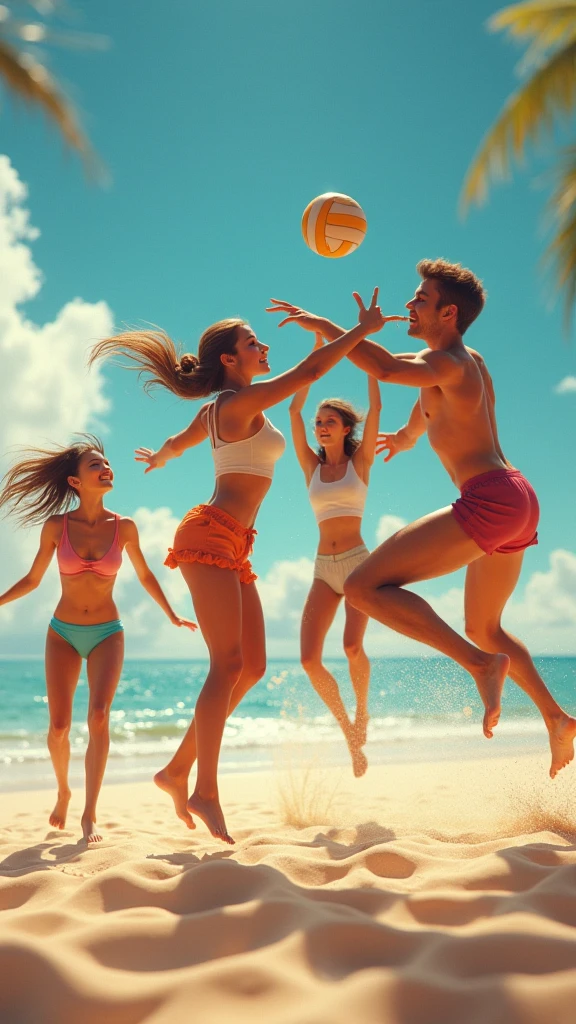 I want people playing volleyball in the water, 3 men and 1 woman, without the net