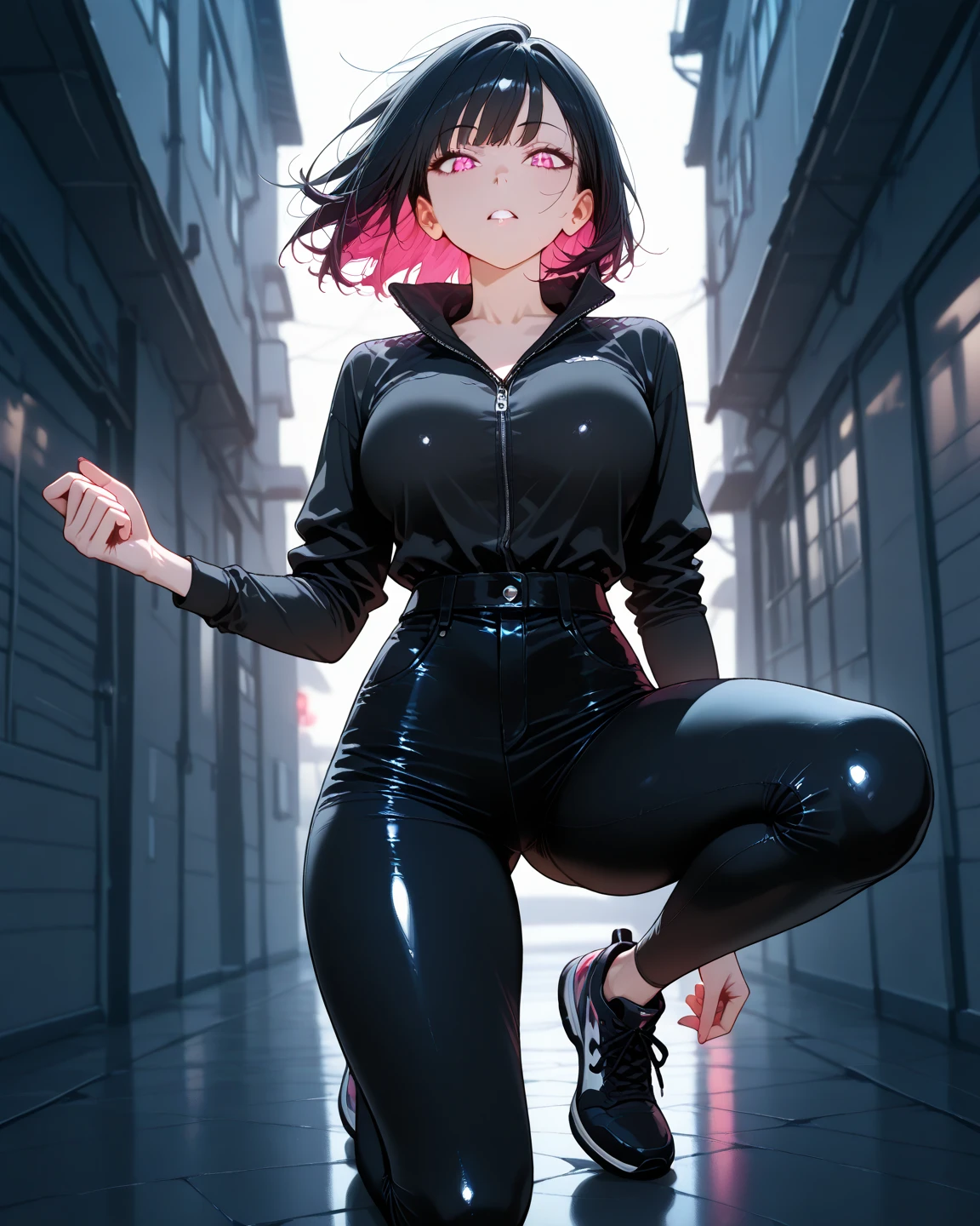 nsfw,(best quality),(very aesthetic),(ultra detailed) ,(best illustration),shiny,1girl,pov,fullbody、face profile,on the alleyway,(night),dim,black hair,bob cut、sweater,knit,skirt、(evil grin),long tongue,glowing pink pupils、curvy、wide hip、(cloth),hide nipples、squatting,open legs、panty shot,handjob gesture,head tilt