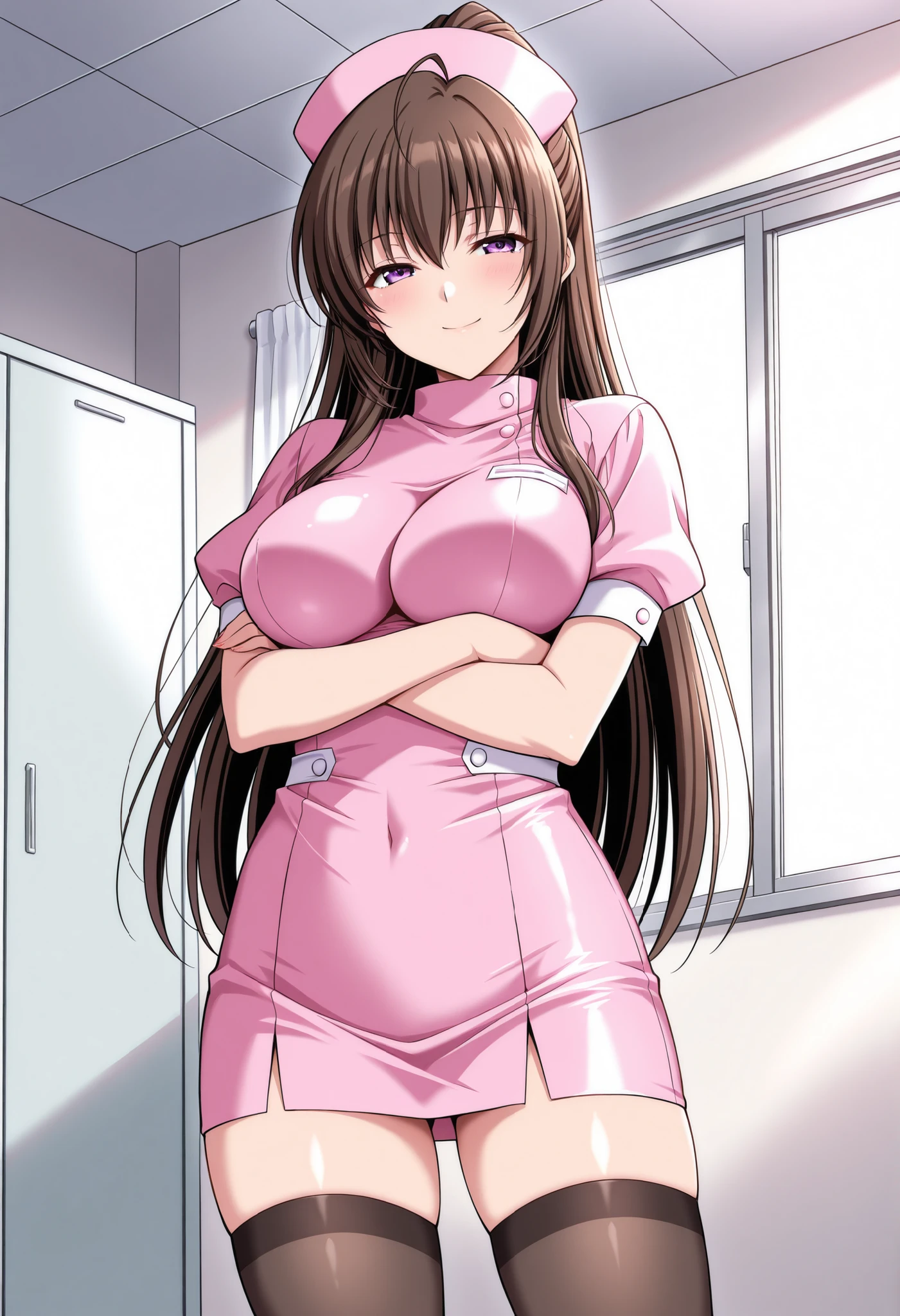 Score_9, score_8_up, score_7_up, source_anime, shirakawa kyouko, solo, brown hair, long ponytail, purple eyes, (best quality), (high quality), {masterpiece}, extremely delicate and beautiful, ultra-detailed, beautiful detailed eyes, nurse, nurse hat, pink clothes, impossible clothes, skin tight, black thighhighs, smile, closed mouth, half closed eyes, crossed arms, standing
