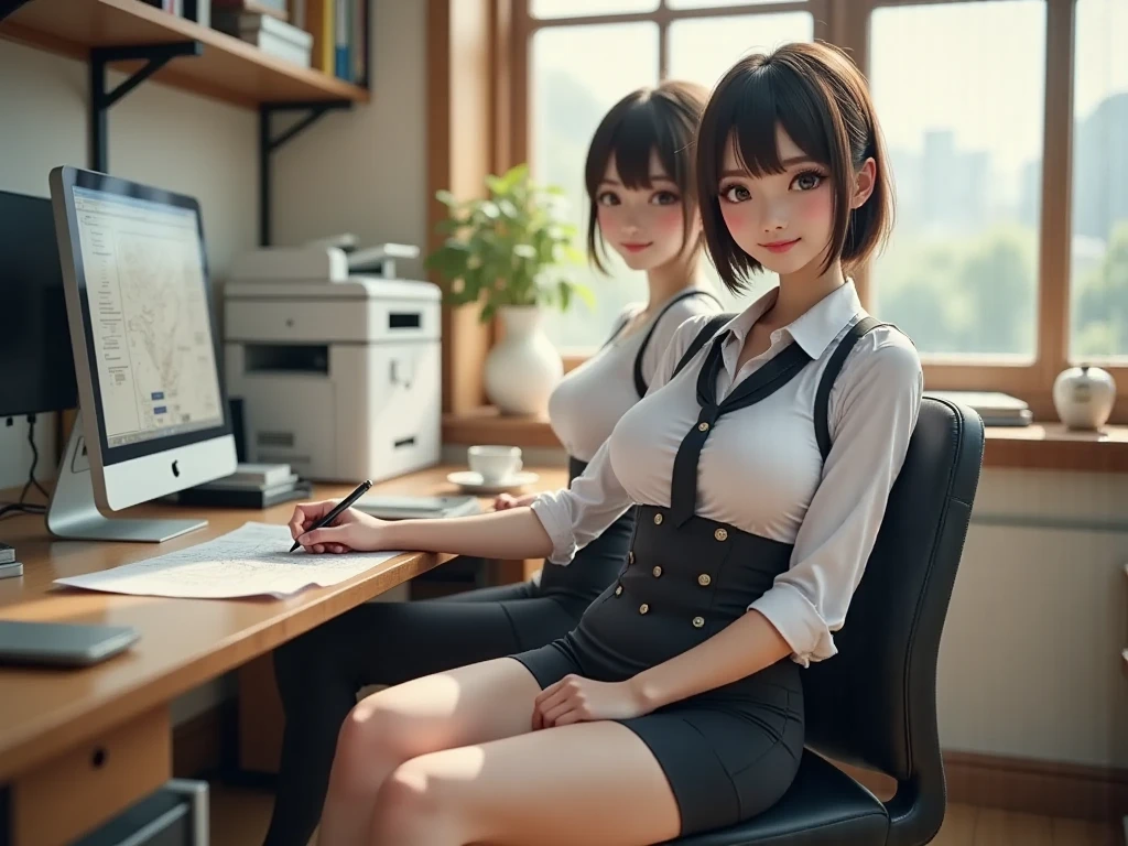 A big-breasted girl，Two watermelons the same，Slim arms，Wearing black and white plaid pajamas，Sit in front of the computer，Chinese fair skin and cute --auto