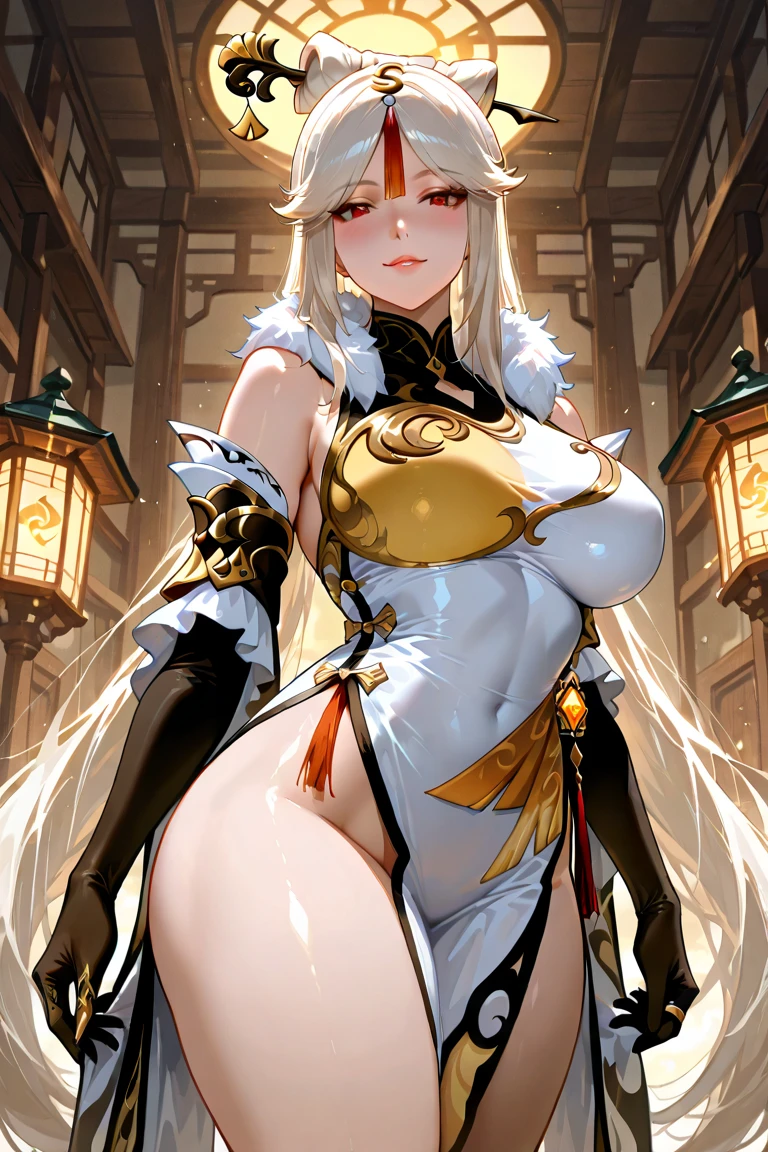 (masterpiece, sidelighting, finely detailed beautiful eyes: 1.2), masterpiece*portrait, 3d face, lustrous skin, (illustration),1girl, ((fully nude)), standing , contrapossto, milf, plump body, big breast,nipple, white hair, braided ponytail, blue eyes, hair ornaments, hair over one eyes, long hair, shenhernd, beautiful, parted lips, (portrait), (((face focus))), [pussy], clouds, sunset, ((yellow chinese talisman paper)), foggy, (chinese house), intricate background