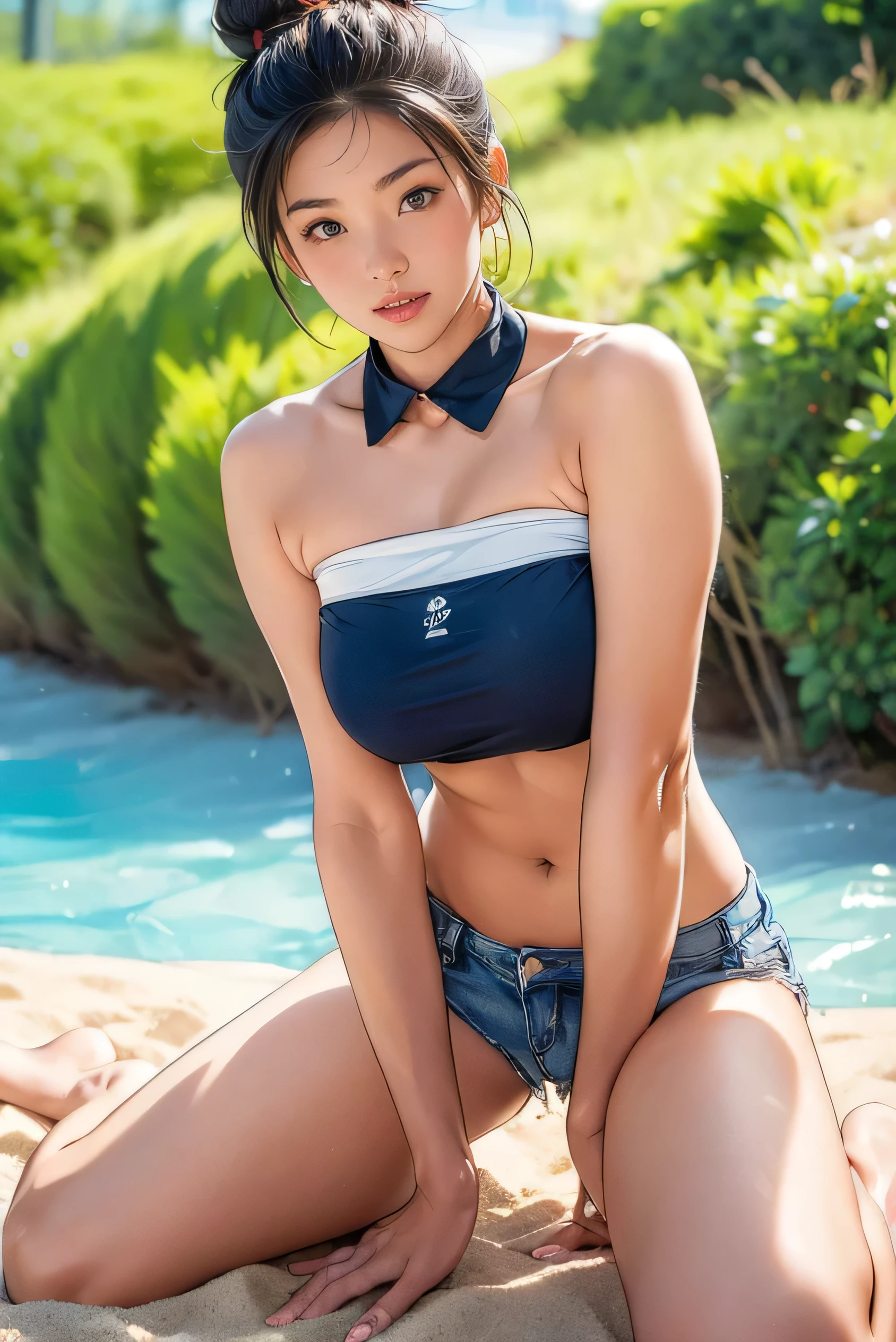 ultra highres,(reality: 1.4),highest quality, masterpiece, high detail, 16K quality, beautiful, 1 beautiful girl,japanese,super beautiful face,baby face,japanese idol face,cute face,super detailed face,detailed hand,beautiful skin,sweaty skin,big eyes,big smile,profeccional lighting,short hair,black hair,brown beautiful eyes,(sitting with knee up),spread legs,(skirt lift),(white panty),medium breasts,white shirt,open button,(black check skirt),high socks,she is looking at the camera,beach,blue sky,blue ocean, nsfw,