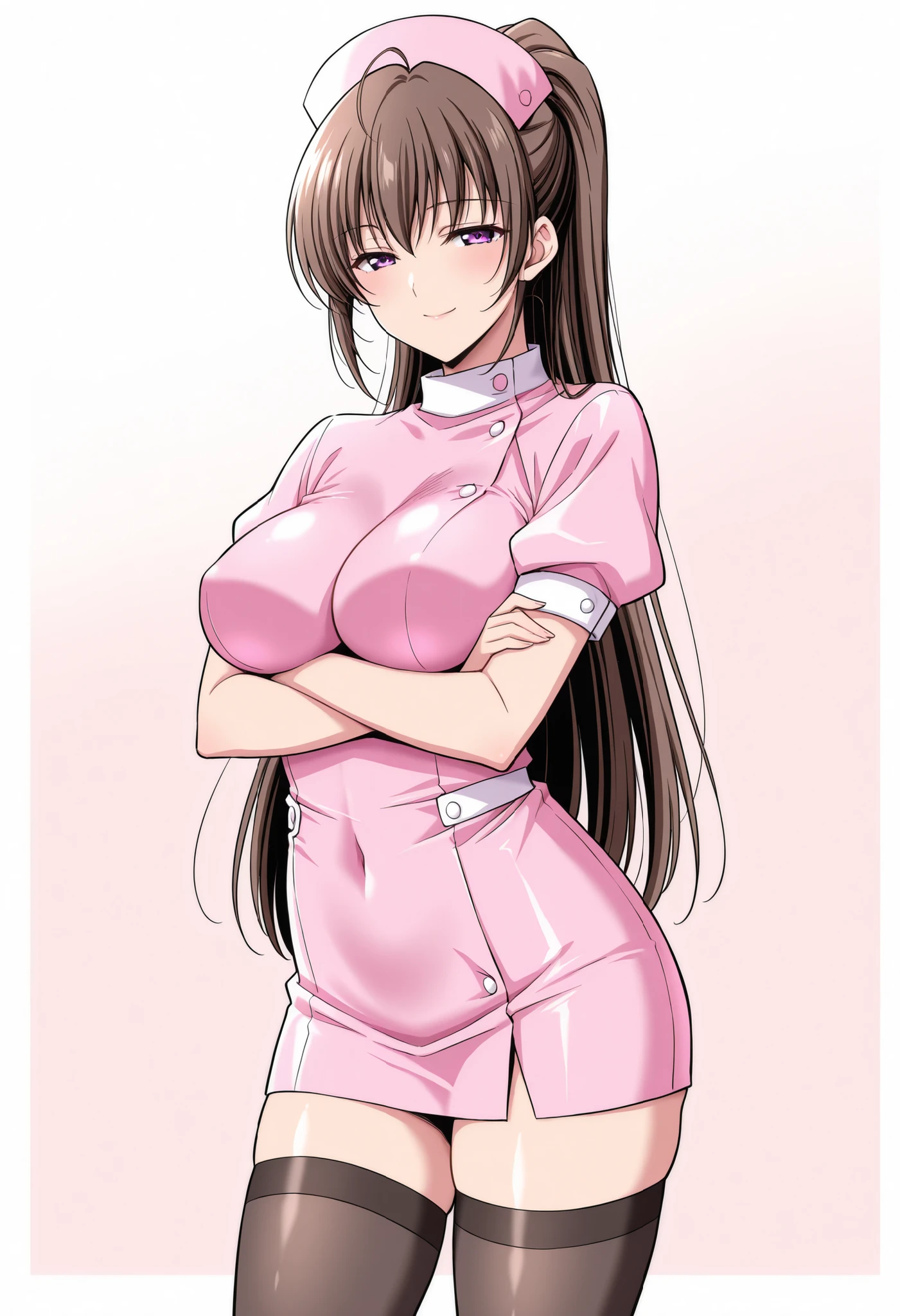 Score_9, score_8_up, score_7_up, source_anime, shirakawa kyouko, solo, brown hair, long ponytail, purple eyes, (best quality), (high quality), {masterpiece}, extremely delicate and beautiful, ultra-detailed, beautiful detailed eyes, nurse, nurse hat, pink clothes, impossible clothes, skin tight, black thighhighs, smile, closed mouth, half closed eyes, crossed arms, standing