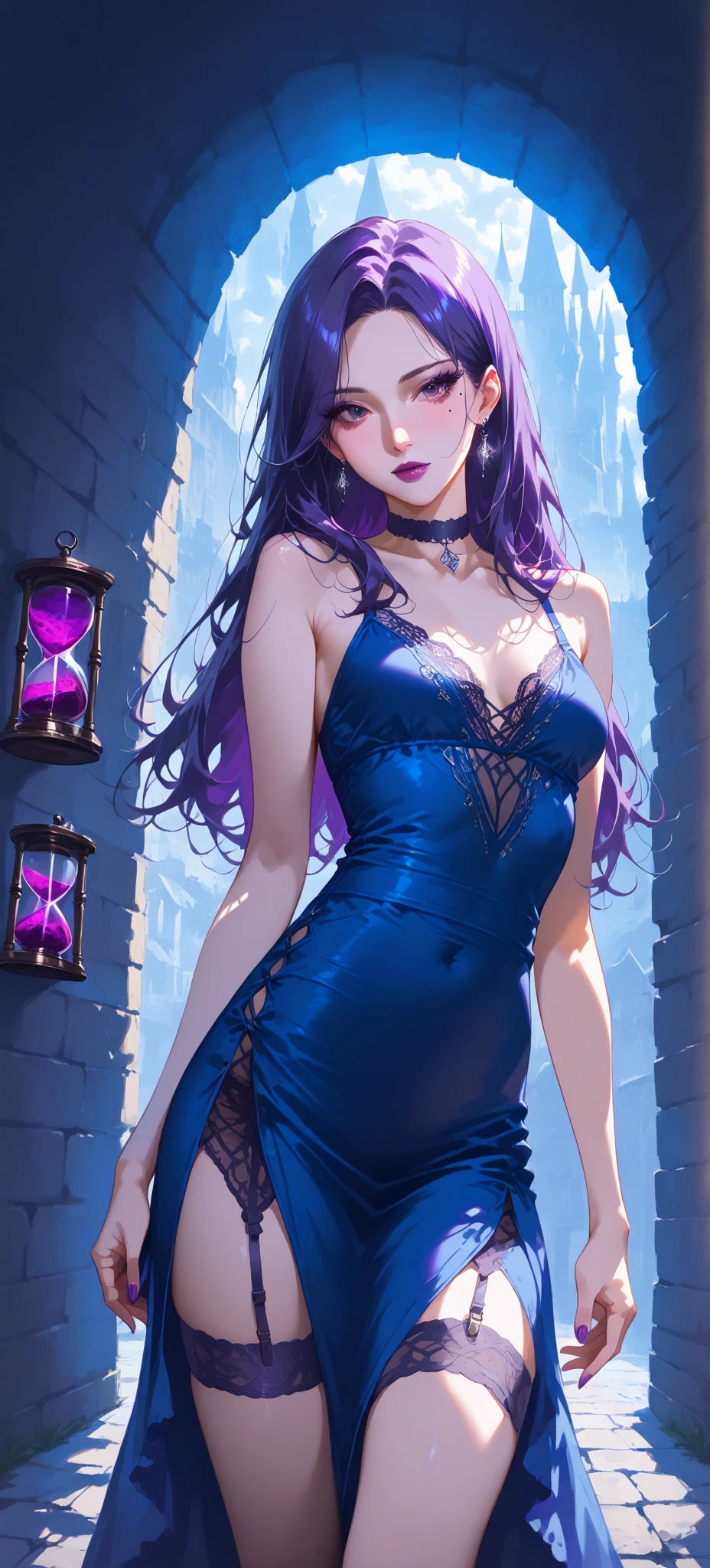 wolf girl with purple hair, with a nice body and dressed in an elegant dress
