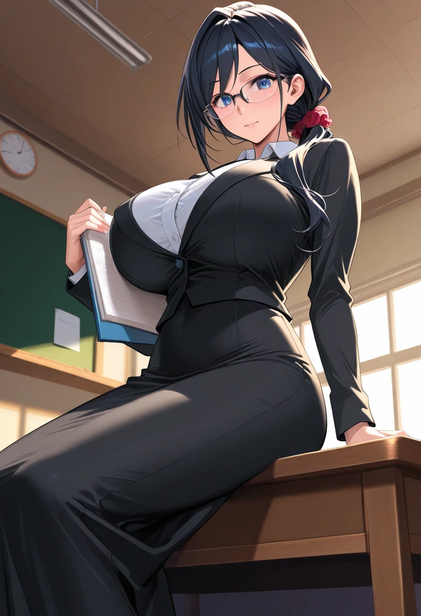 (high quality:1.1), detailed, cinematic lighting, shadows, official art,
TakamineAyako, 1girl, solo, mature female, milf, sitting (hand on own face:1.1), (hand on glasses:1.2), hand on hip, cowboy shot,
looking at viewer, blush, determined,
black hair, blue hair, long hair, ponytail, eyelashes, blue eyes, semi-rimless eyewear
blazer, white shirt, (black pencil skirt, miniskirt:1.1), (brown pantyhose:1.1),
curvy, large breasts, cleavage,
indoors,(table:0.8), window, day, sky, complex sky background,
<lora:TakamineAyako:0.9>
