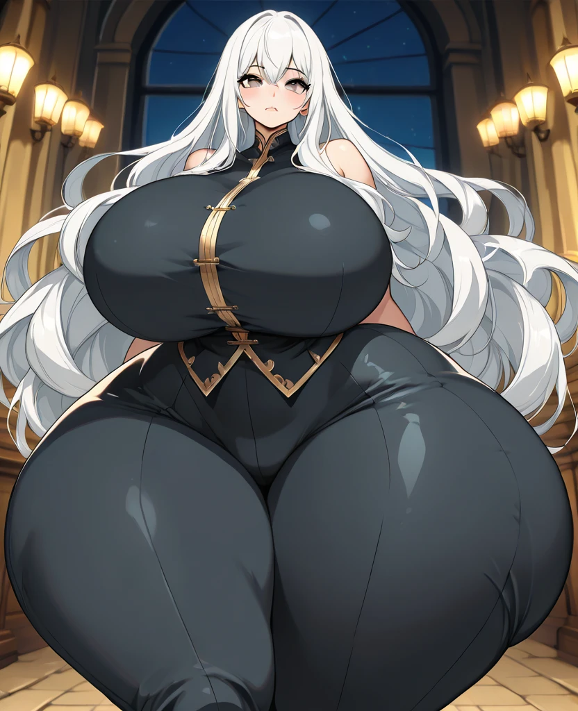 ((masterpiece, best quality)), (1girl), ((big breasts)), detailed eyes, (white hair), (long hair), cleavage, curvy, thick thighs, fantasy, wide hips, night, thin waist, midriff, cat ears, (shrit), (beautiful detailed face:1.17), (dark interior), (sitting on the bed), floor to ceiling window, neon light, detailed background, (cyberpunk city), reflected light, ray tracing, (gigantic breasts, huge thighs, wide hips, thin waist:1.5), (huge ass:1.1)