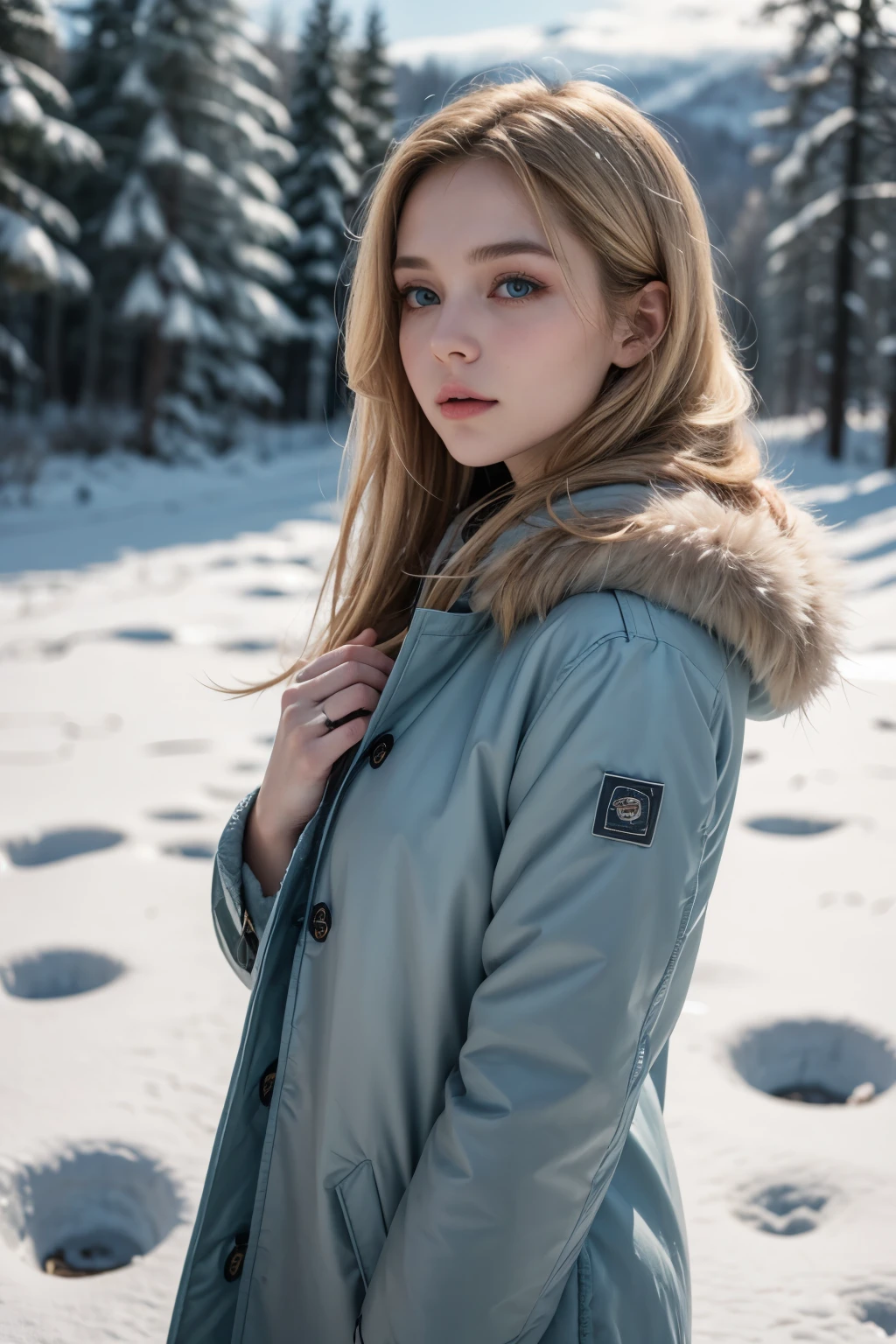 (hyperrealistic), (illustration), (high resolution), (8K), (extremely detailed), (best illustration), (beautiful detailed eyes), (best quality), (ultra-detailed), (masterpiece), (wallpaper), (photorealistic:1.4), (natural light), (rim lighting), (detailed face), anatomically correct, solo, 1 girl, (high detailed realistic long white hair:1.5), (two braided hair:1.4), heterochromic eyes, (detailed blue eyes), (realistic huge breasts:1.7), long legs, tight abs, dynamic pose, (concentrated expression:1.37), (long winter Parka with fur only at the collar:1.4), (upon body from head to thighs:1.4), standing, outdoor, snowing, winter, (no bra:1.4), (no underwear:1.4), (no panties:1.4), (no t-shirts:1.4), (exposed nipples breasts:1.35), nsfw, cameltoe, slender abs