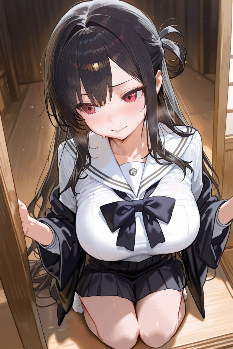 masterpiece, best quality, finely detailed, 1girl, pink_rose hair, pleated skirt, (sailor senshi uniform), huge breasts, cleavage, (Country house,Lover's House,open the door:1.2),moonlight night,open mouth,Five Fingers,Shiny skin,(She want to have sex,Hold out your hand,hold hands:1.5),she is inviting me,bad eyes,(skinny body type),