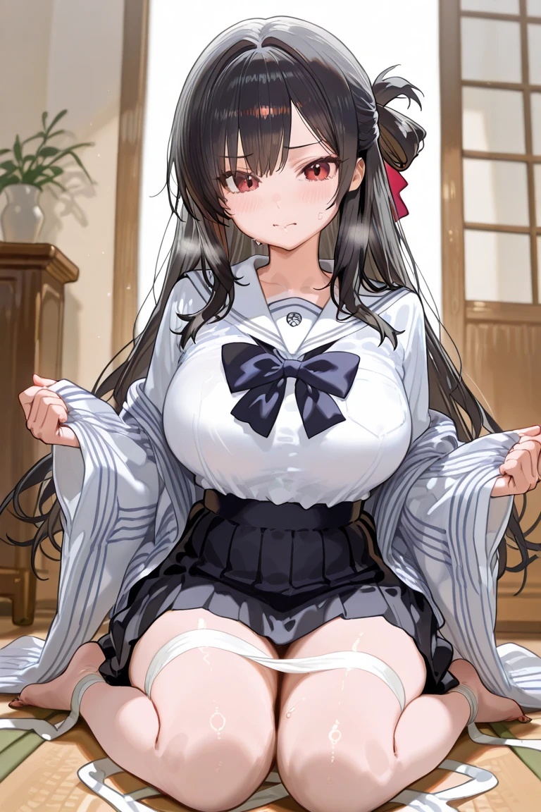 A woman with huge ,Black long hair,twintails,Exquisite,(((transparent))),Red ribbon,sleeveless,Loose collar,Protruding lower chest,Slim waist,pubic,blush,bedroom,