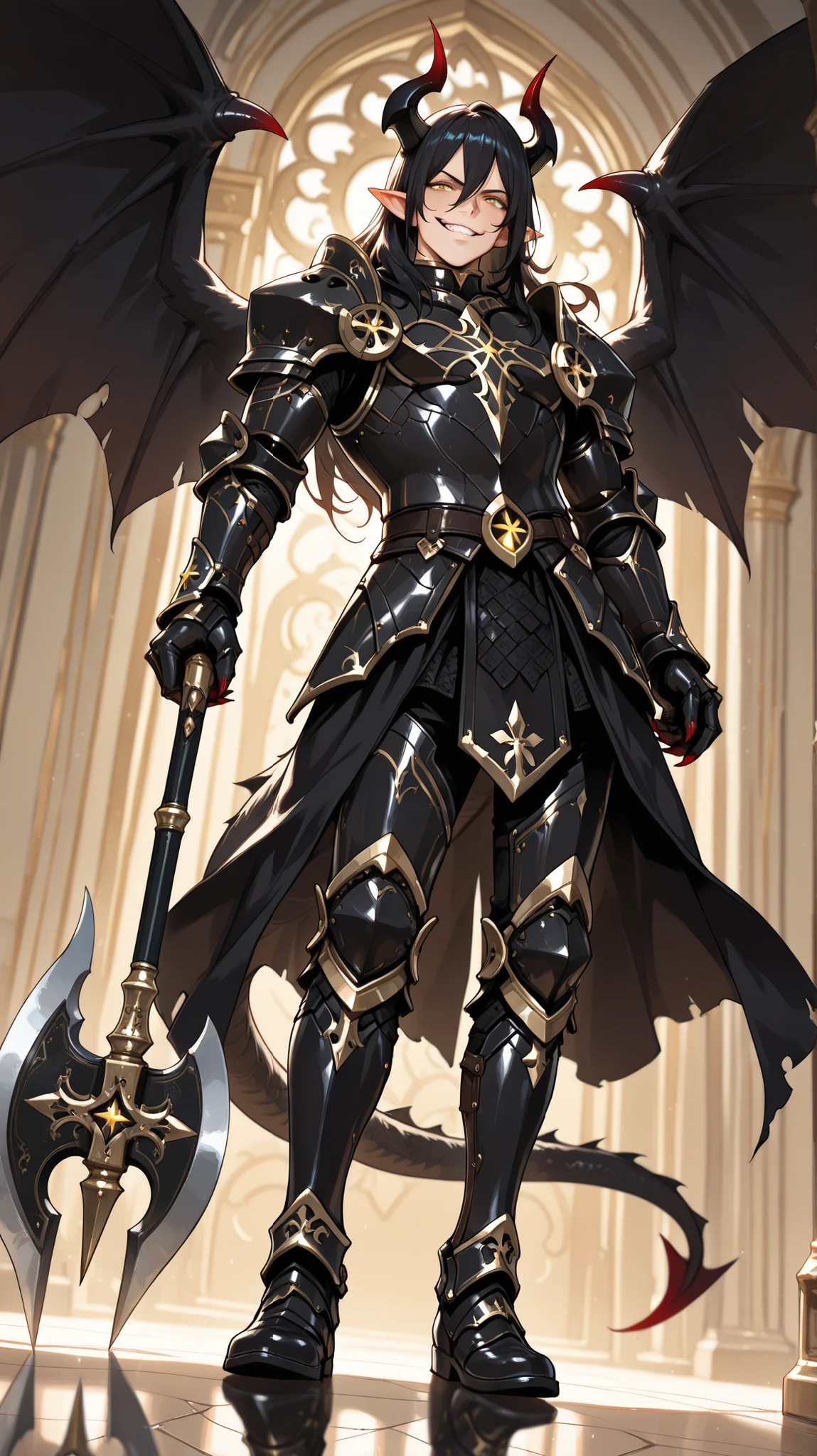 (masterpiece, best quality: 1. 4), highres, 8K, CG, (((Anime))), (1 male), lean body, ((masculine)), (floating in the air), weredragon, japanese anime style, glossy black, shiny black leather, ((beautiful golden eyes, finely detailed eyes, bright eyes, vertical iris)), hair between eyes, long hair, sideburns, wild hair, (sly grin, smirk, evil smile), teeth, confident, black hair, (ultra detailed face), shiny skin, long pointy ears, twisted torso, long-legged, sculpted face, wasp waist, dragon’s horn, dragon’s tail, dragon’s wings, dragon’s sharp claws, ((black armor with a lot of grandiose decorations)), half dragon half human, dramatic angle, dynamic posture, ((with a giant black axe)), ultra detailed black armor, black armor with gold accent, all black outfit, whole body, emphasize face, focused expression, sharp focus, oblique angle, good-looking man, well-polished black armor, charismatic pose, (best illustration), cinematic, super detailed, dramatic lighting, (intricate detail, super detail, extreme detailed), reflection, pearly luster, ((highly detailed artwork)), dramatic shadows, tenebrism, chiaroscuro, wonderful pose, chiseled features, stark contrast, heavy shadows, detailed black decorations, beautiful and aesthetic, photoreal, from below, (mysteriously crafted black metal armor: 1. 5), sparkling accessories, thick and luxuriant hair, ultra detailed fantasy black armor, he dressed in black, broad shoulder, sharp eyes, true-to-life visuals, artistically refined, dramatic contrasts, ((extremely delicate and beautiful armor, elaborate armor details)), dark armor, toned male, exquisite goldwork, wonderful black armor, armor with intricate engravings, ((armor-type boots)), ((detailed shoulder armor with intricate engravings, gold accent black armor)), (128K Ultra High Resolution), very gorgeous and dazzling, dark fantasy black knight, slim waistlines, wide chested, sinewy body, splendid scenery background, (((Hyper Detailed & Perfectly Designed Black Armor)))