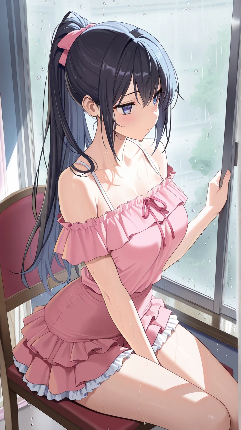 ((Highest quality)), ((High resolution)), ((masterpiece)), (detailed), 
View your audience, Written boundary depth, Anatomically correct, One mature woman, Perfect Face, Cute and symmetrical face, Shiny skin, 
(Medium Hair, Blue Hair), Hair between the eyes, Chestnut brown eyes, Long eyelashes, (Big Breasts:0.9), 
Beautiful Hair, Beautiful Face, Beautiful details, Beautiful clavicle, Beautiful body, Beautiful breasts, Beautiful thighs, Beautiful feet,
(White sleeveless dress, Black see-through shawl), See-through nipples, Sweat, (Cute Smile), Beautiful views, Rainy city seen from the train window, I'm on the train, 