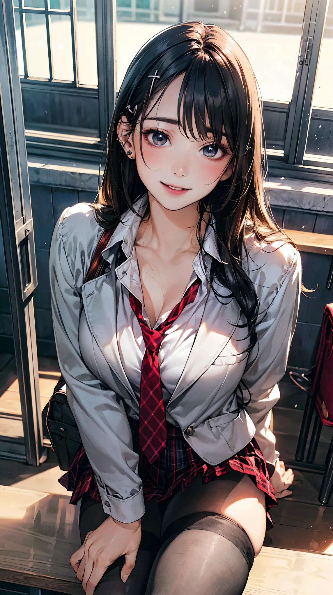 (masterpiece:1.2, top-quality), (realistic, photorealistic:1.4), beautiful illustration, Wearing knit sweater & miniskirt,(Flirtingly lifting her skirt to show her panties:1.3)
looking at viewer, cowboy shot, front view:0.8,
1 girl, japanese, high school girl, (long hair:1.5), blown hair, bangs, hair between eye, brown eyes, large breasts:0.8,
beautiful hair, beautiful face, beautiful detailed eyes, beautiful clavicle, beautiful body, beautiful chest, beautiful thigh, beautiful legs, beautiful fingers, (Highest image quality、highest quality、highest resolution、masterpiece、detailed、real photos)、Beautiful and cute 17 year old high school girl、looking at the camera、((light brown straight hair、Pink lip balm、smile))、((full body shot))、((Low - Angle))、(Quite small)、(Quite lean body)、((Public high school navy blue blazer uniform、Dark blue checked miniskirt:1.2))、((White open collar shirt、White lace bra and white lace panties:1.2))、((skirt lift))、((Showing the camera her white lace panties:1.2))、((Squat down and spread your legs wide:1.3))、((Khaki cardigan、white socks、black loafers))、((Take a selfie with your smartphone、black bag with stuffed animal))、((The location is downtown Tokyo at night.、After school, four of my friends are playing in a crowded game center.:1.2))、((I have a lot of friends behind me))
(beautiful scenery), , school,
((collared shirt, white shirt, , navy long sleeves jacket, light brown plaid pleated skirt, red plaid bow tie)), white panties,
standing, walking,
smile, ,top-quality、Full limbs、complete fingers、Slender beauty、a 25yo woman、(Silver-haired woman)、short-hair、Beautiful Large Breasts、((Black short-sleeved T-shirt:1.2))、((red and black plaid shorts:1.2))、Black High Socks、A big smile、On the train、Grab onto the strap