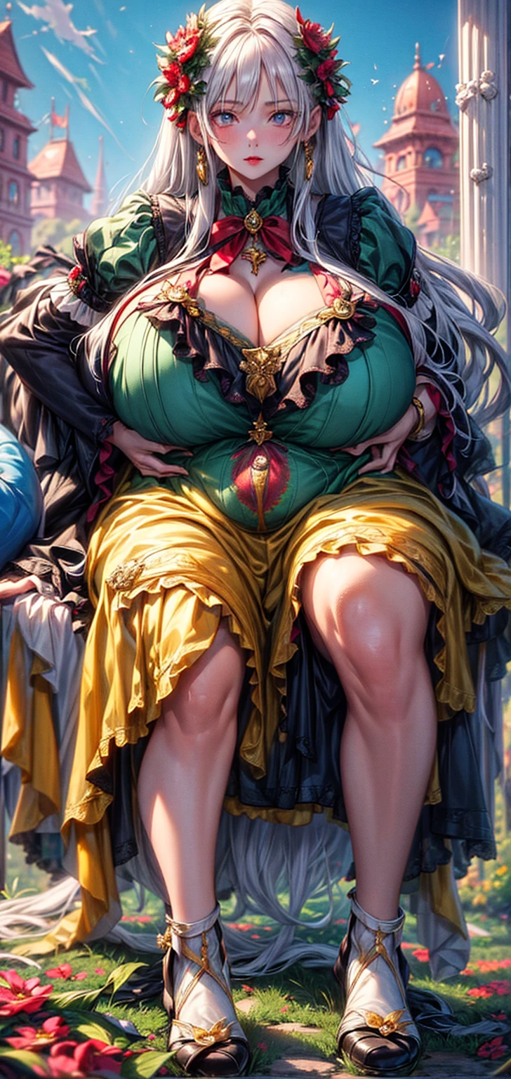 Best quality, masterpiece, ultra high res, raw photo, beautiful and aesthetic, deep shadow, fairy theme,(ultra detailed:1.3),
1girl, sexy pose, headdress, (beautiful face, detailed eye:1.2), embarrassed, drill hair, long hair, blonde hair, gradient hair, yellow eyes, solo, (busty breasts, gigantic breasts:1.1), big hair, blue hair, divine goddess, looking at viewer, indoors, royal palace, luxurious bedroom, canopy bed, candlelight, room full of curtain, astraea, full body, enormous pregnant belly, (pink bodysuit:1.3)