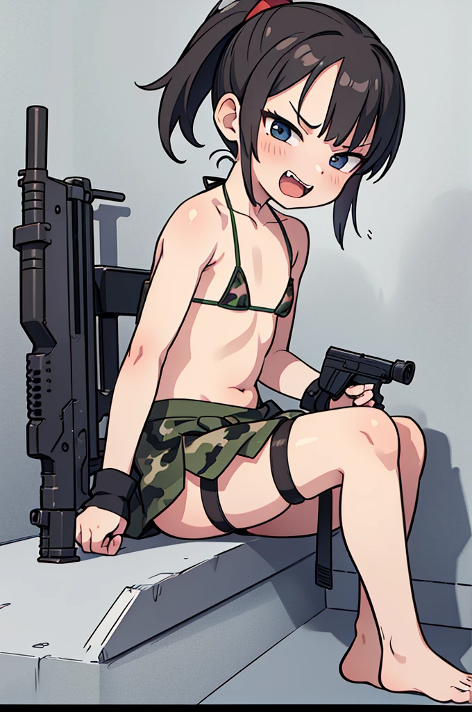 thick hips, thick thighs, barefoot, high cut leotard, flat breast, thin waist, pigtails hair, weapon, tanned skin, gun, angry look, scream, thick body, military camouflage, spread legs, lying down,