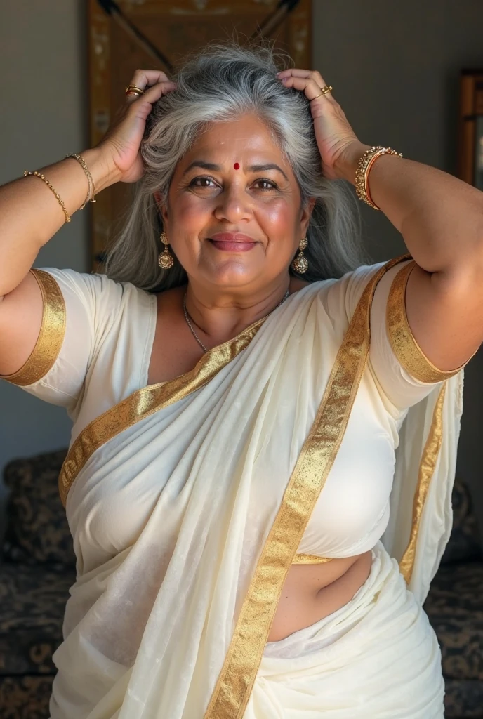 Mature Indian Woman、gray hair、Grandmother、smile、huge breasts、plump body、Purple traditional Indian ornaments and clothing、In front of a house in India