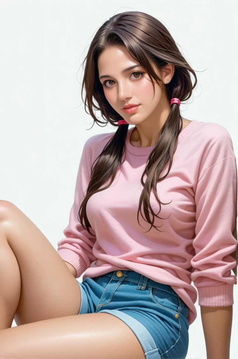 (best quality,realistic,ultra-detailed),a sexy and slim 18-year-old French brunette woman in pink short sleeve hoodie, visible leg,classroom,short en jean