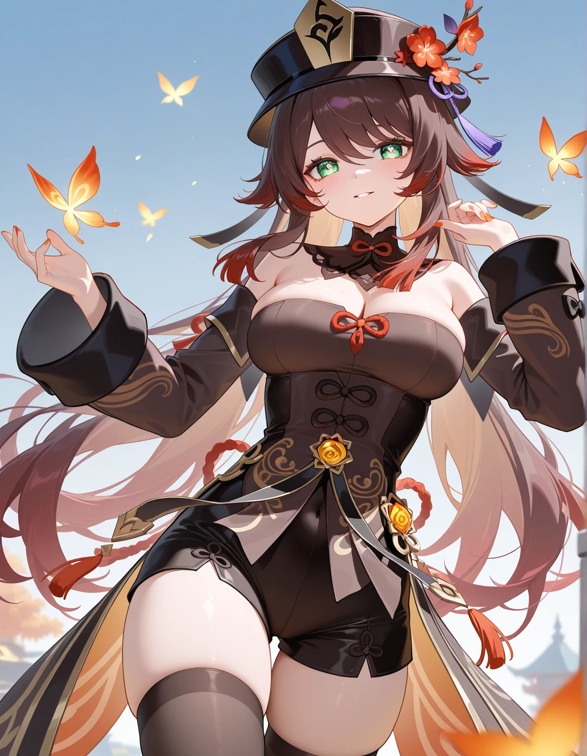 official art, unity 8k wallpaper, ultra detailed, beautiful and aesthetic, High quality, beautiful, masterpiece, best quality, (zentangle, mandala, tangle, entangle:0.6), 1girl, solo, long hair, brown hair, breasts, thighhighs, harp, butterfly, dress, full body, bug, hair ornament, white thighhighs, water, cleavage, pink footwear, instrument, jewelry, brown eyes, standing, garter straps, earrings