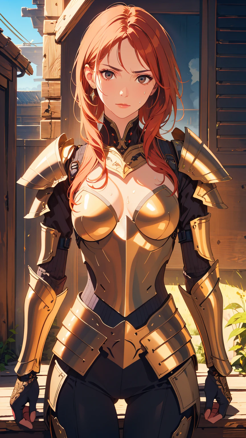 red translucent armor，Arm mecha，Short golden hair，Long ponytail hairstyle，Large Breasts，Cleavage，Pistol hanging from waist，fighter pilot，fighter hangar，Sexy，Lipstick，Miss，Golden Eyes，stockings，Short skirt