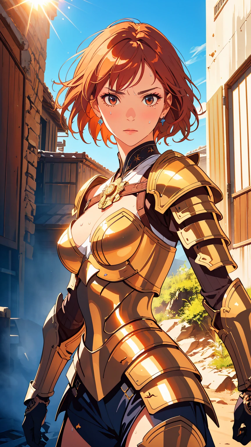 (The highest image quality, master piece:1.2), (Ultra Definition Illustration), (very cute :1.3), (1 girl:1.2), Solo, (short blond hair), (gorgeous red bikini armor:1.3), rpgroyalty, bare shoulder, armpits, sleeveless, black mecha