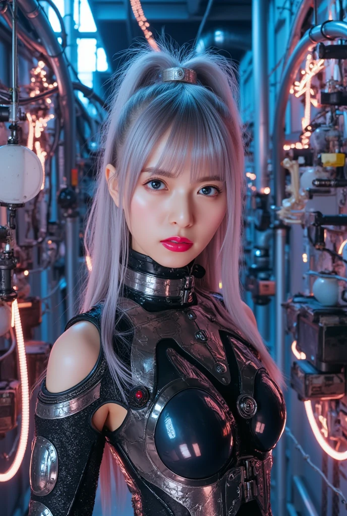 (top-quality:1.2, masterpiece)、ultra high resolution、extremely ultra surrealism, (Photorealsitic:1.4)、Raw photo、(Steampunk Battle Cyborg fallen angel)、large wings made of metal、black porcelain body、red hair、glowy skin、1 Cyborg girl、(mechanical frame:1.3)japanese, extremely cute face, ((super realistic details))、portrait、globalillumination、Shadow、octan render、8K、ultrasharp、character edge light、Details of complex ornaments、Acrylic Clear Cover、Sumerian details、Hydraulic cylinder、Small LED lamp、highly intricate detail、Realistic light、a purple eye、radiant eyes、Facing the camera、neon details、cowboy shot、Futuristic headgear、About Cyberpunk