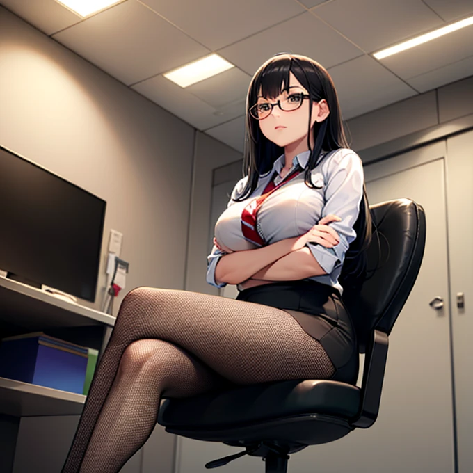 1 girl, Red eyes, whole body, lesbian, Full body view from head to toe, black long hair, massive naked breasts, office, Excited smile, office suit, Feet without shoes, black skirt, black tights, wet white panties with ruffles, Composition depicting wet white panties and black tights, White shirt, sexy hips, sexy legs, sweat on face, blush, sitting on an office chair, hands on the waist, anatomically correct drawn legs and toes