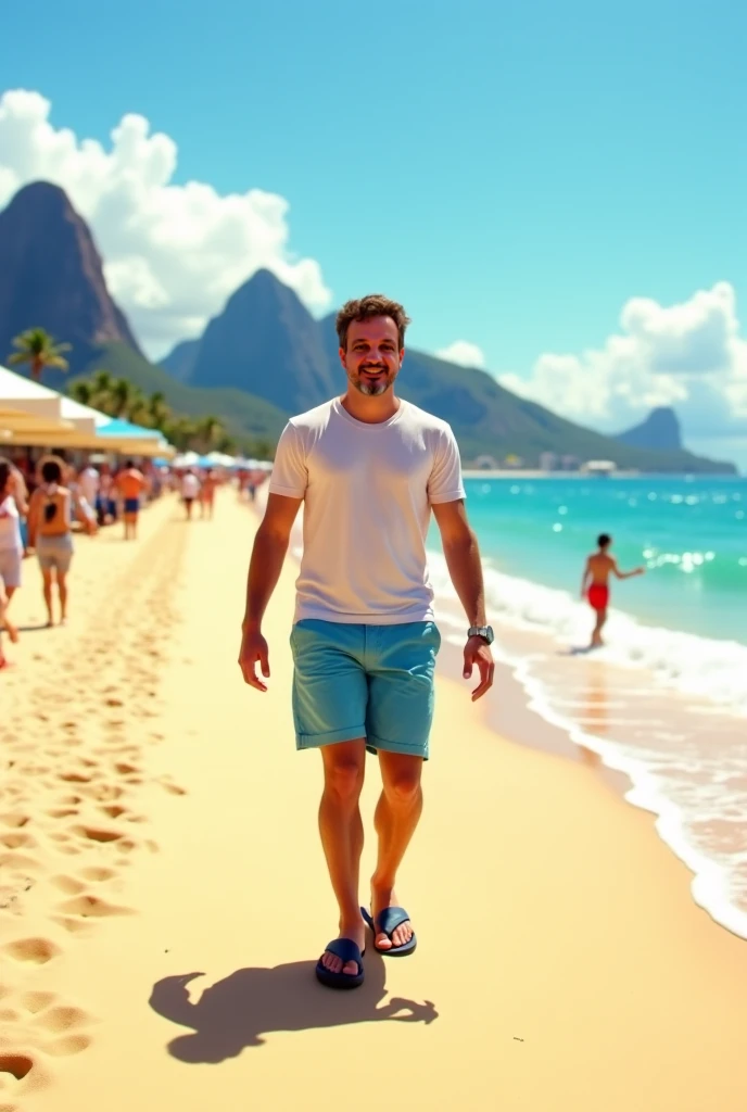 (Photorealism:1.2), man with brown eyes and brown hair on the beach in RJ with a super detailed ultra-realistic photorealistic 8k surfboard