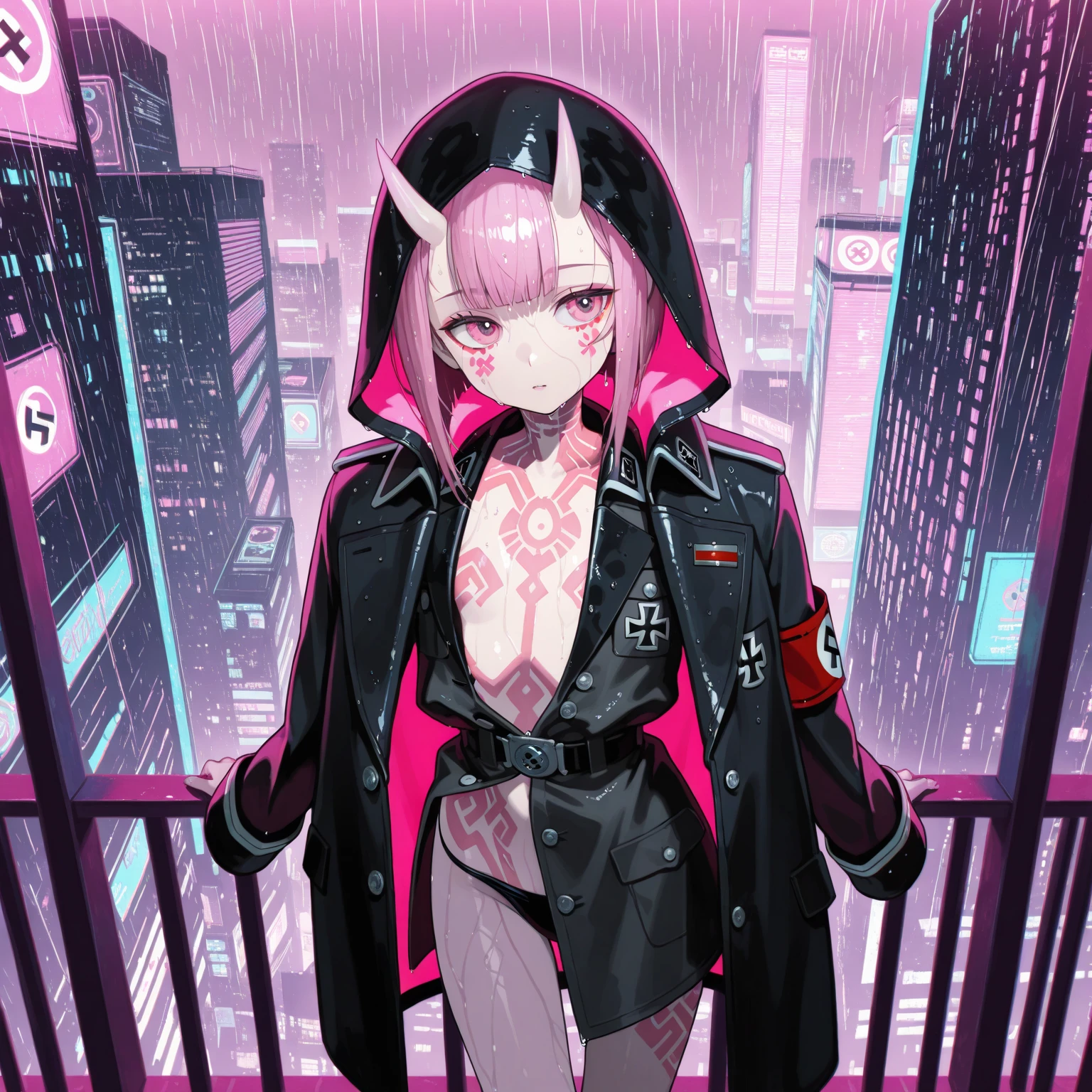 masterpiece, perfect anatomy, solo, 1boy, Furry, kemono, furry cat, anthropomorphic, male, dark fur, dark skin, red eyes, femboy, cyberpunk clothes, revealing clothes, cyberpunk city, strip club, uploaded on e621, Cyberpunk technology. cybernetics, glowing womb tatoo