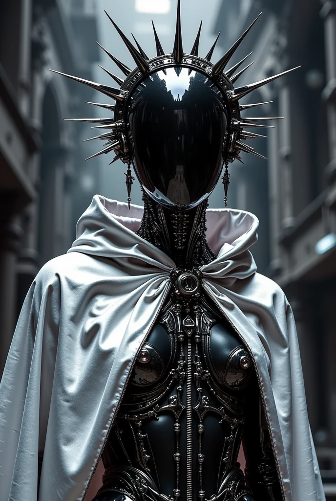 front view of a dark priestess holy cyborg necromancer girl wearing a white veil with a tiara and spiky crown on her head, symmetrical composition, oil painting style artstation concept character design in the style of James Gurney and Greg Rutkowski and Ross Tran, renaissance era ,cyberpunk art,gothic art,trending on Artstation,cgsociety,purism,faceless++ noface++ faceless ,no face ,faceless, featureless, non-anthropomorphized, blank, unmarked, anonymous, indistinct, undefined, vague, impersonal, expressionless, unidentifiable, characterless,formless, amorphous, nondescript, neutral, undifferentiated, abstract, generic, unspecified, uniform, simplistic, non-descript, bare, elemental ,shapeless, unformed, structureless, generalized, basic, unembellished, plain, minimalist, stark, unadorned, unelaborated, unornamented, unembodied,faceless++,bubble helmet,noface , cyborg, dark vibe, in the style of nicola samori,dark fantasy