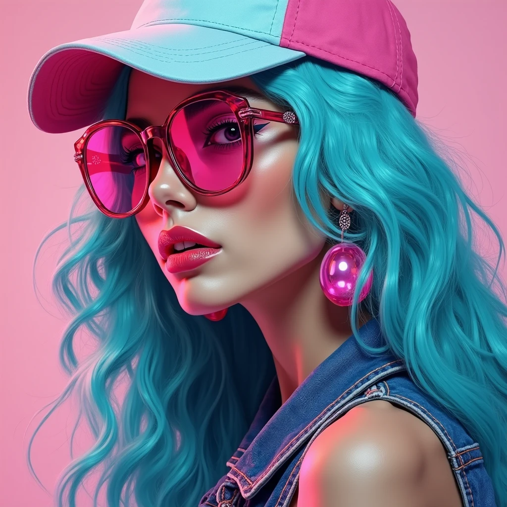 mulher, magra, cabelo colorido curto estiloso, roupas modernas, 夏天, Vibrant colors in transformation, olhando de frente, em close, Futuristic Sunglasses, Technological Fund, tipo pintura de tela, aquarela, com roupas, non-sensual, close no rosto, olhando de frente,